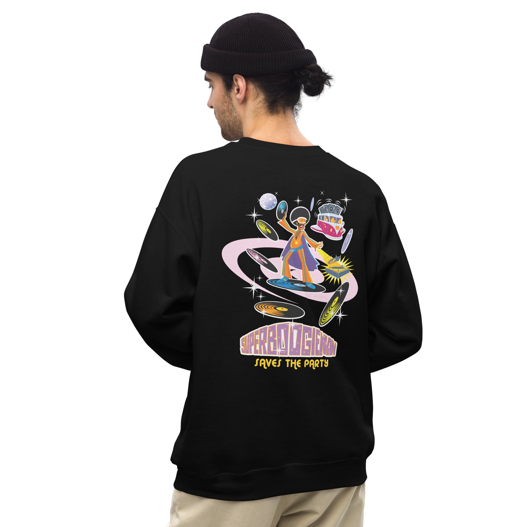 Sweat Unisexe à Col Rond Superboogieman sur couleurs foncées (face & dos)