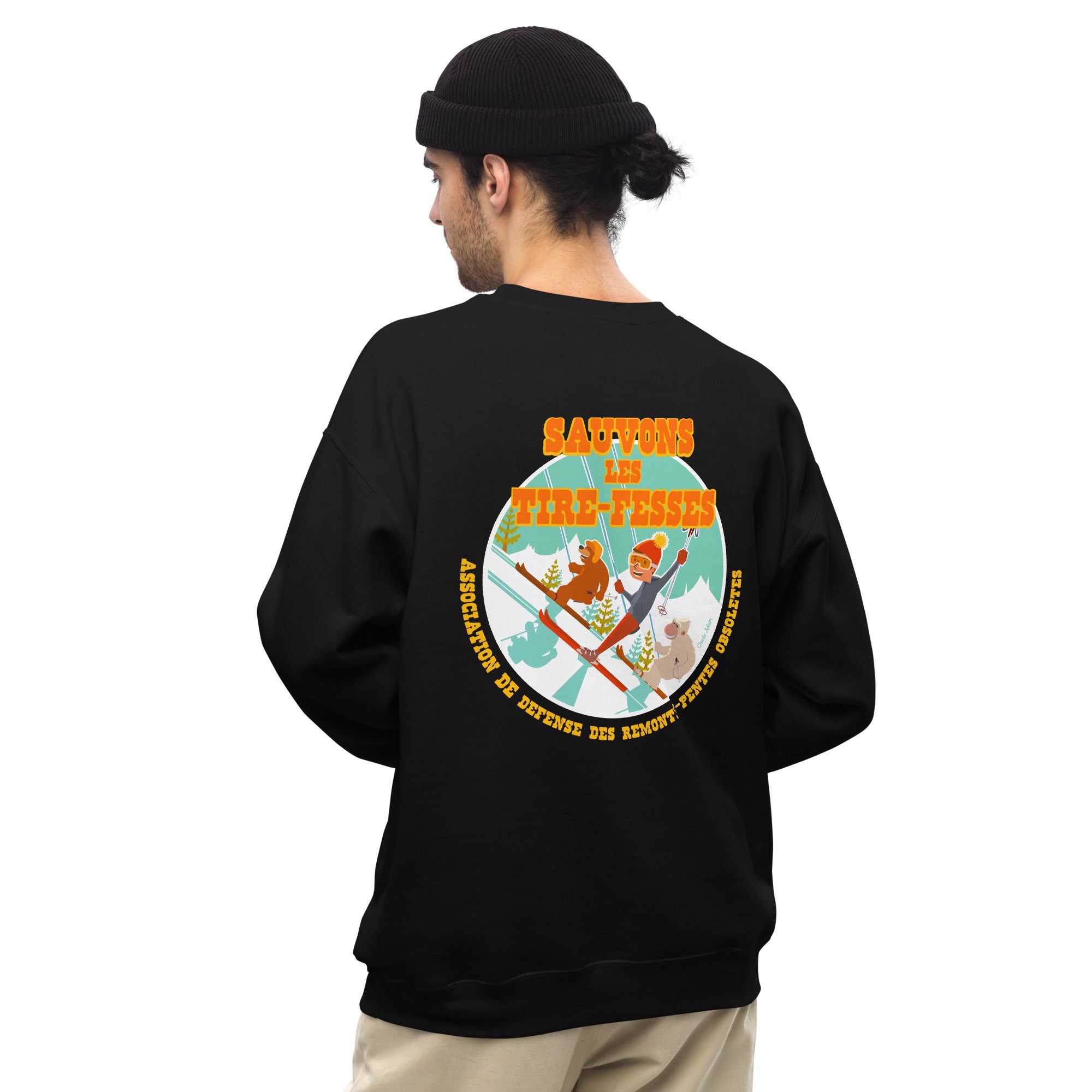 Sweat Unisexe à Col Rond Sauvons les Tires-fesses sur couleurs foncées (face & dos)