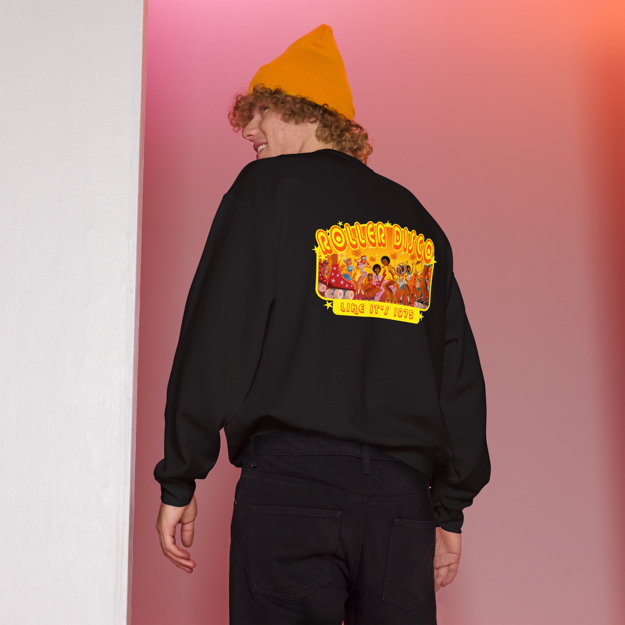 Sweat Unisexe à Col Rond Roller Disco 1975 sur couleurs foncées (face & dos)