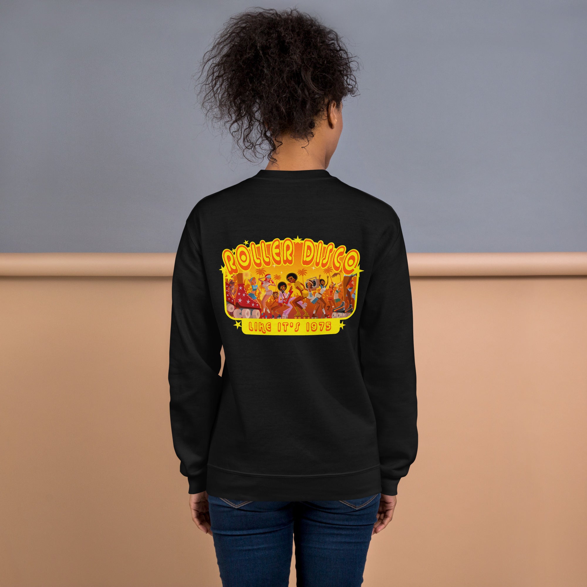 Sweat Unisexe à Col Rond Roller Disco 1975 sur couleurs foncées (face & dos)