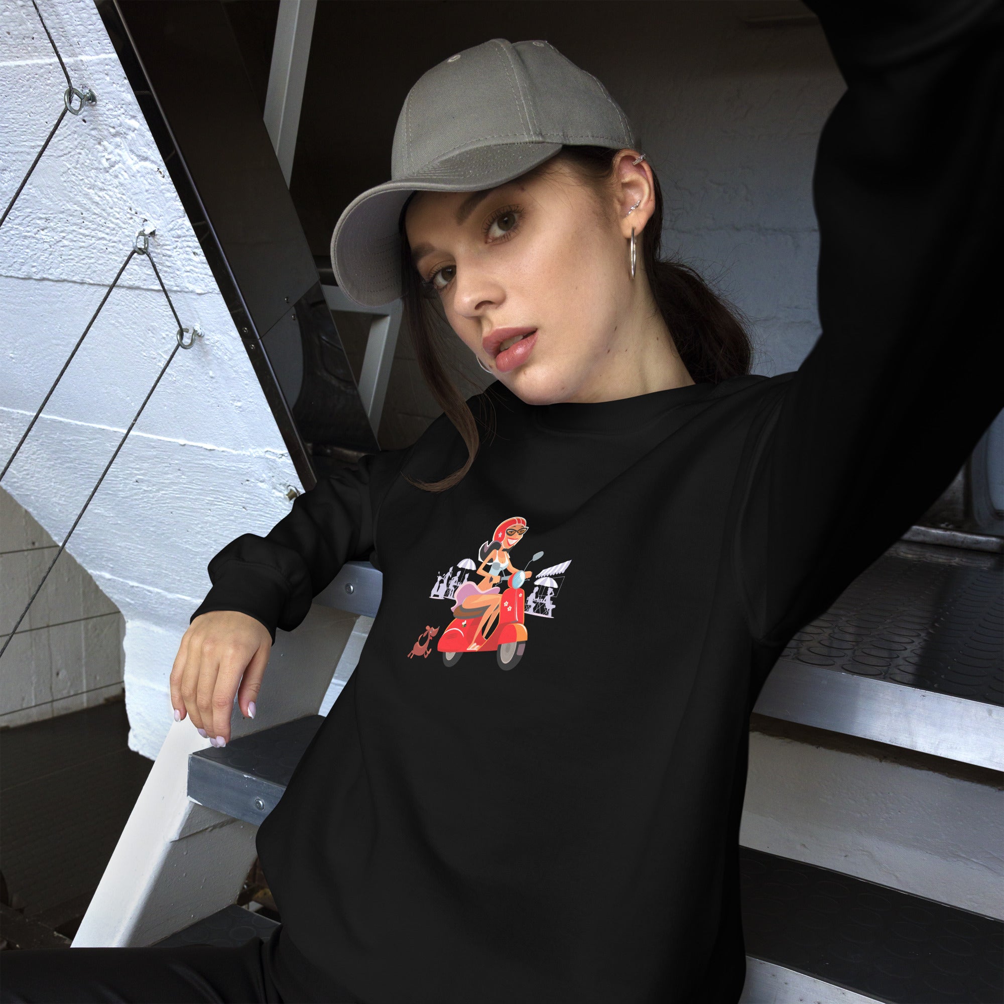 Unisex Sweatshirt Vespa Girl in St Tropez on dark colors