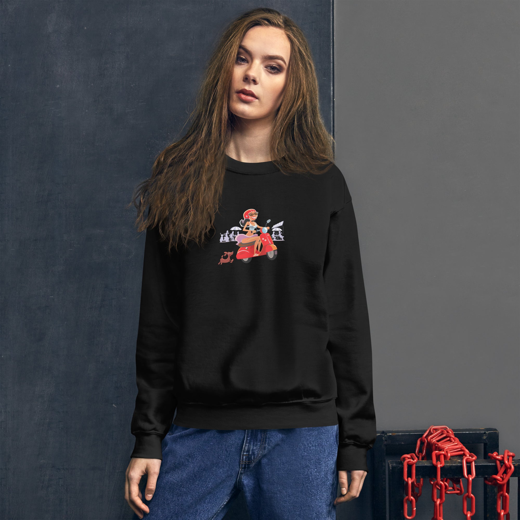 Unisex Sweatshirt Vespa Girl in St Tropez on dark colors