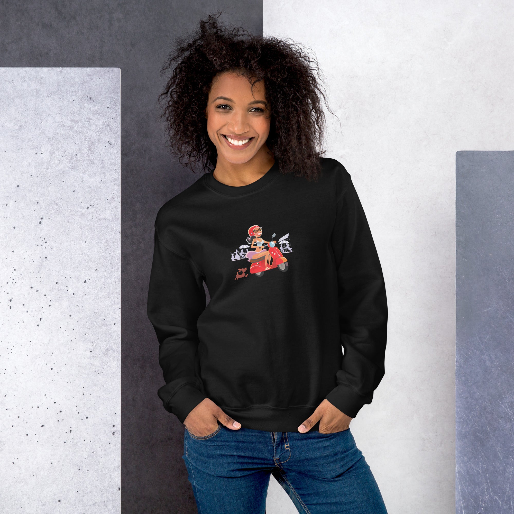 Unisex Sweatshirt Vespa Girl in St Tropez on dark colors