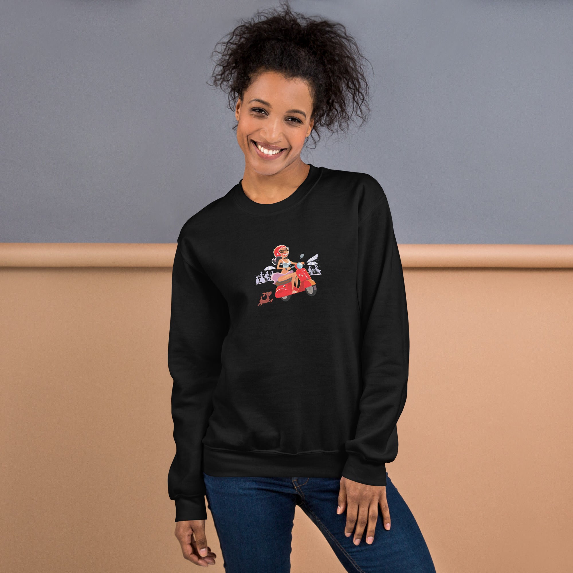 Unisex Sweatshirt Vespa Girl in St Tropez on dark colors