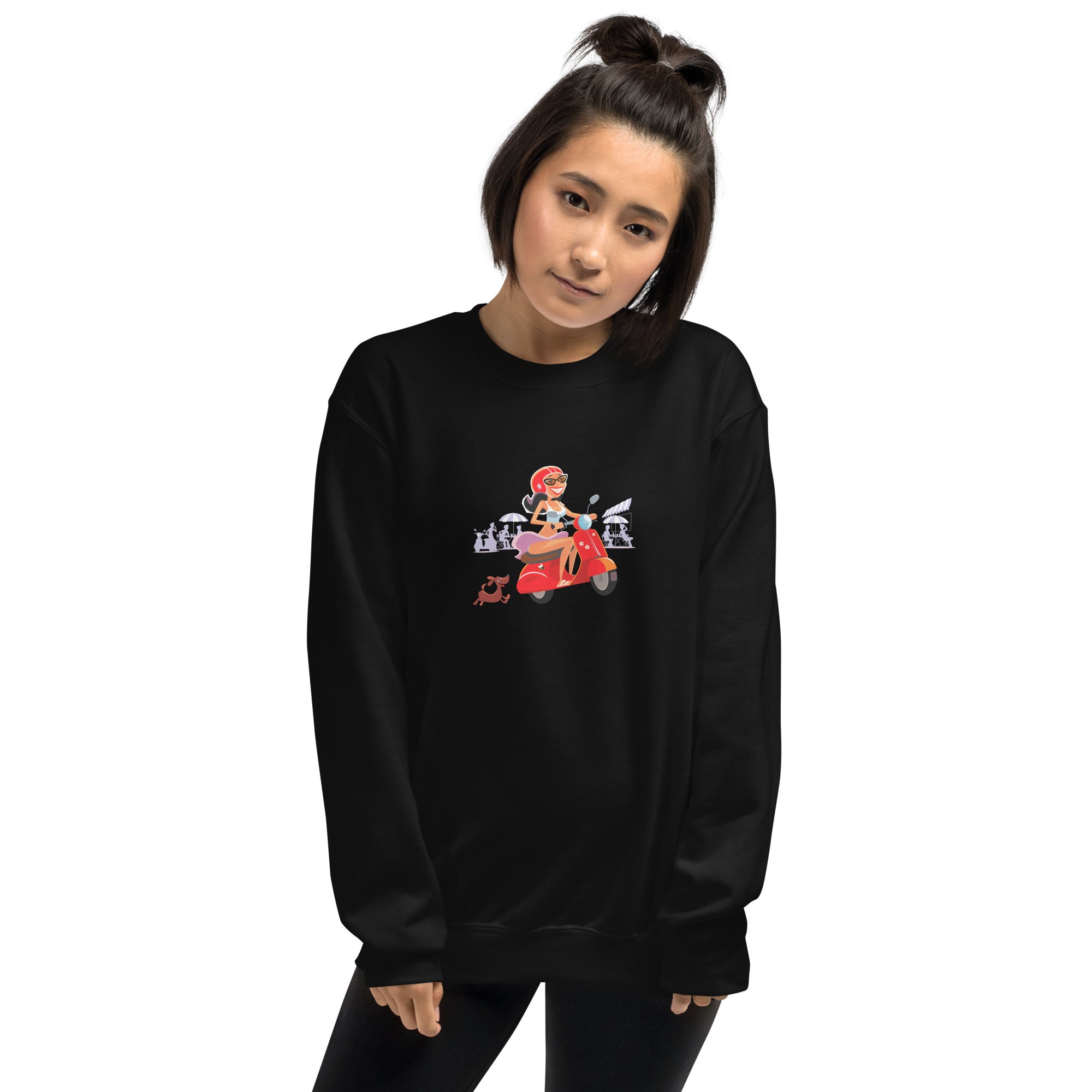 Unisex Sweatshirt Vespa Girl in St Tropez on dark colors