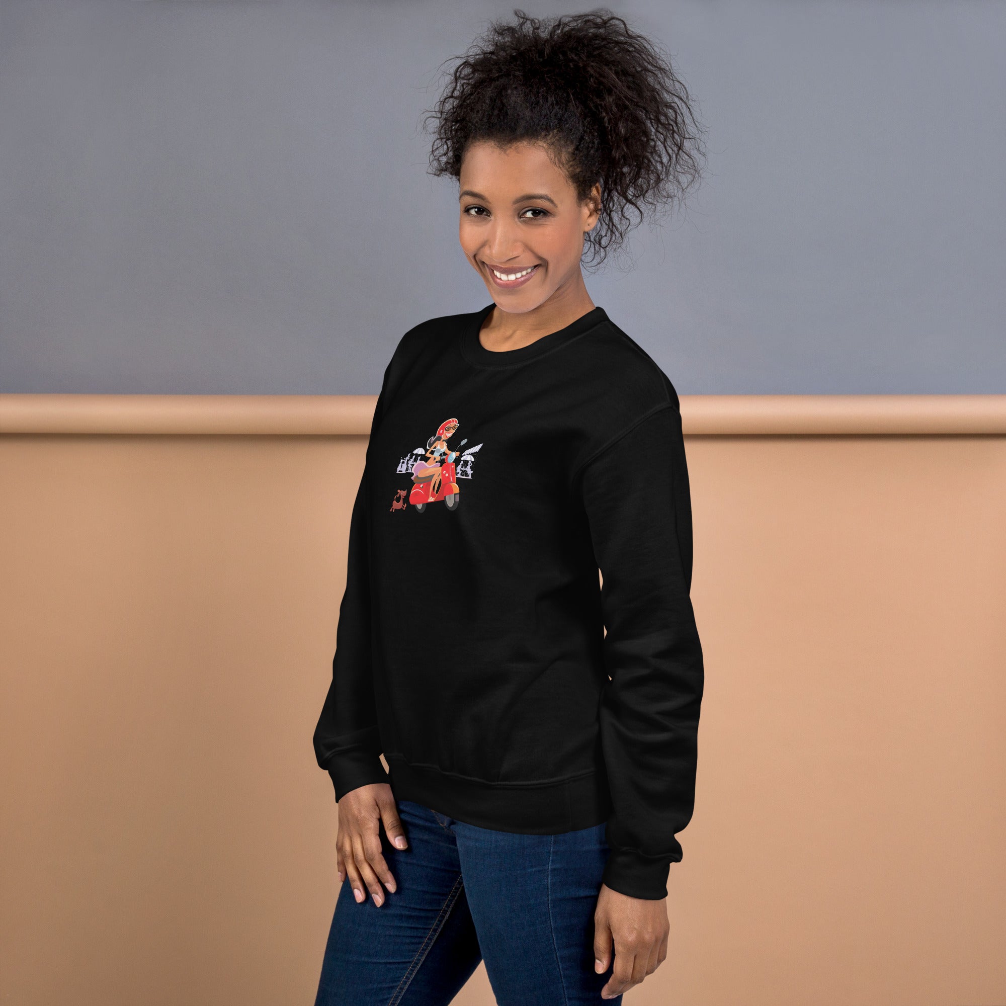 Unisex Sweatshirt Vespa Girl in St Tropez on dark colors