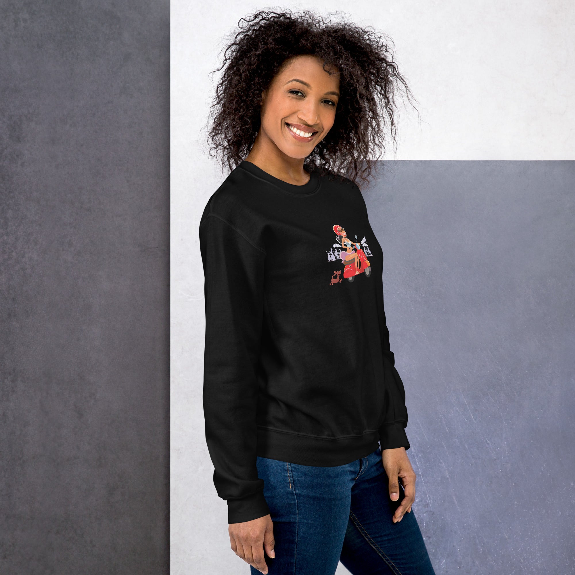 Unisex Sweatshirt Vespa Girl in St Tropez on dark colors