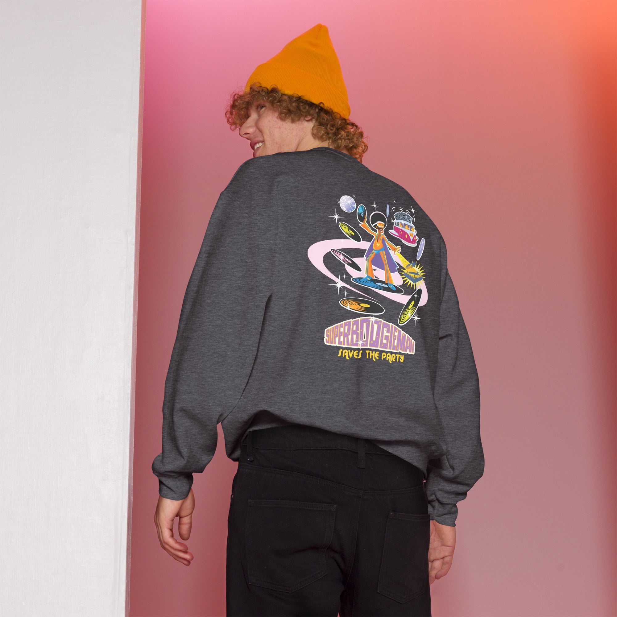 Sweat Unisexe à Col Rond Superboogieman sur couleurs foncées (face & dos)