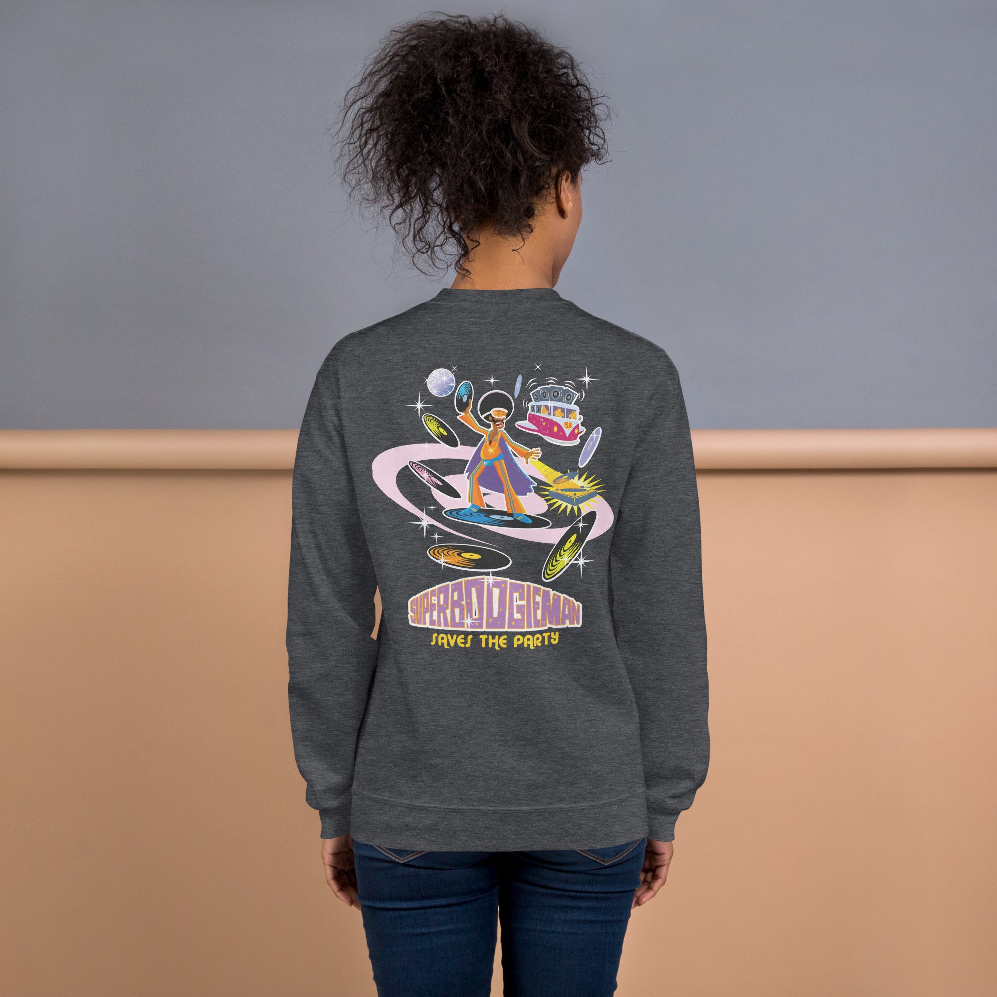 Sweat Unisexe à Col Rond Superboogieman sur couleurs foncées (face & dos)