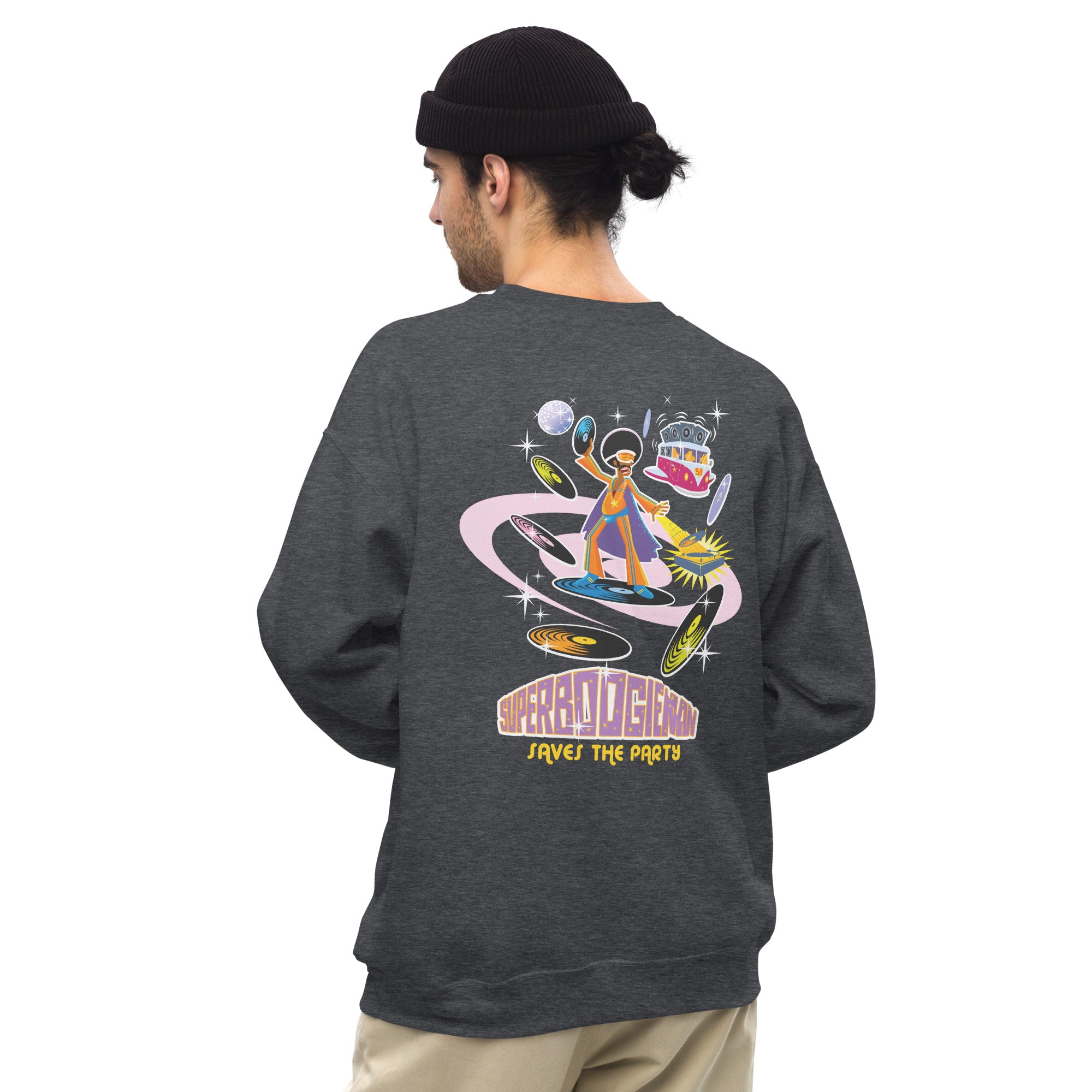 Sweat Unisexe à Col Rond Superboogieman sur couleurs foncées (face & dos)