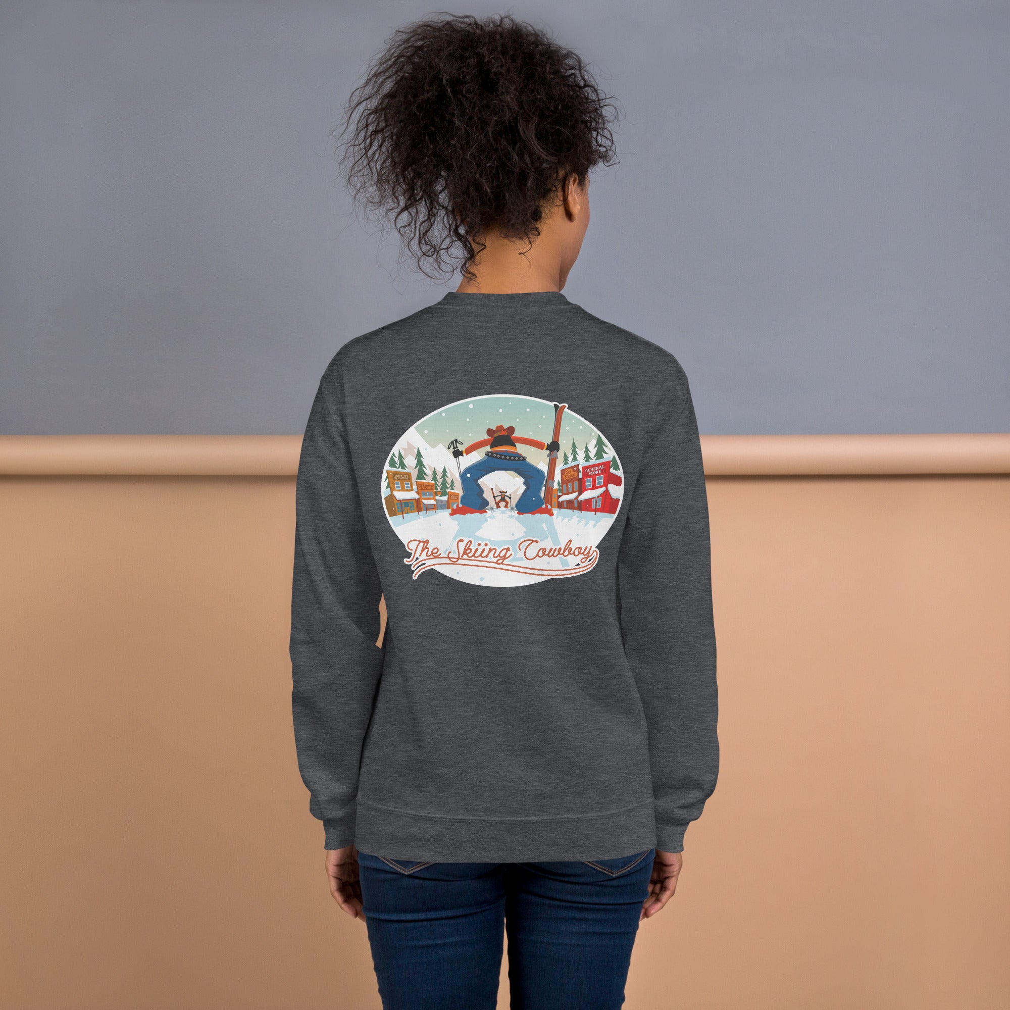 Sweat Unisexe à Col Rond Ski Fight at OK Corral sur couleurs foncées (face & dos)