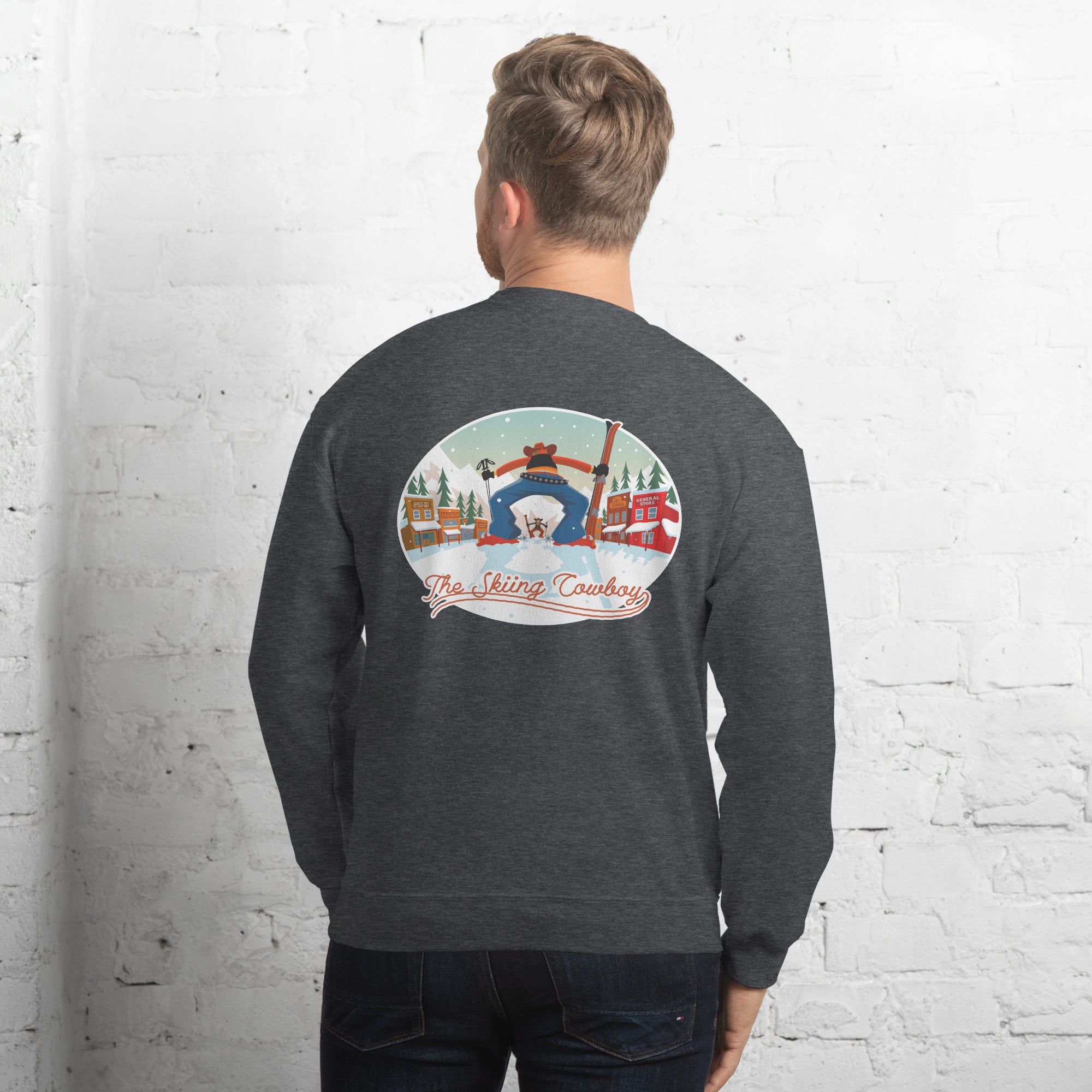 Sweat Unisexe à Col Rond Ski Fight at OK Corral sur couleurs foncées (face & dos)