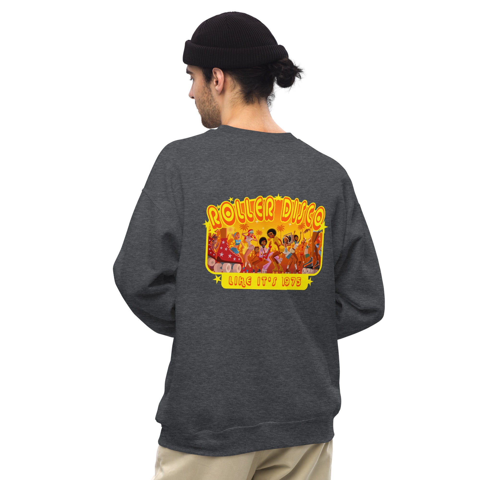 Sweat Unisexe à Col Rond Roller Disco 1975 sur couleurs foncées (face & dos)