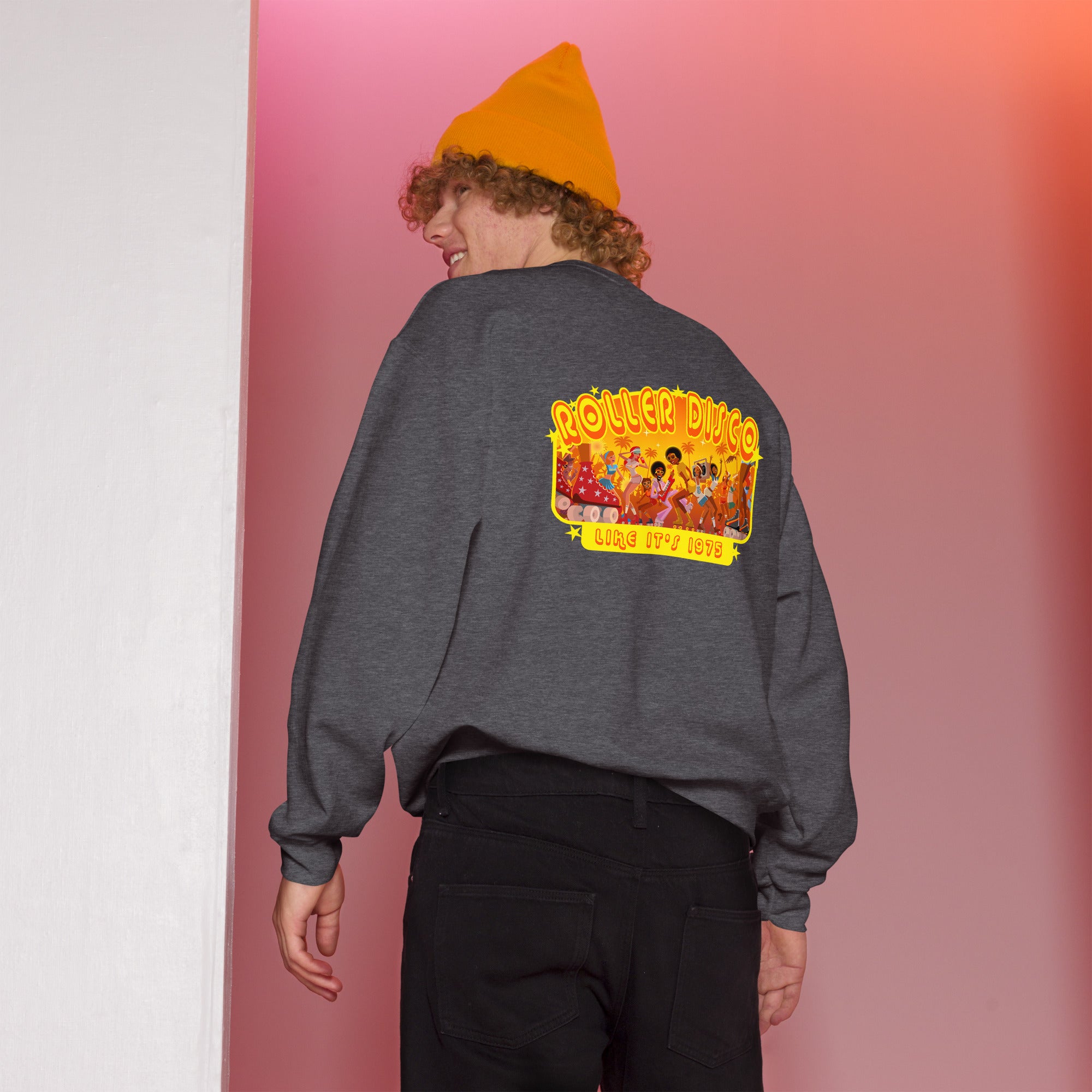 Sweat Unisexe à Col Rond Roller Disco 1975 sur couleurs foncées (face & dos)