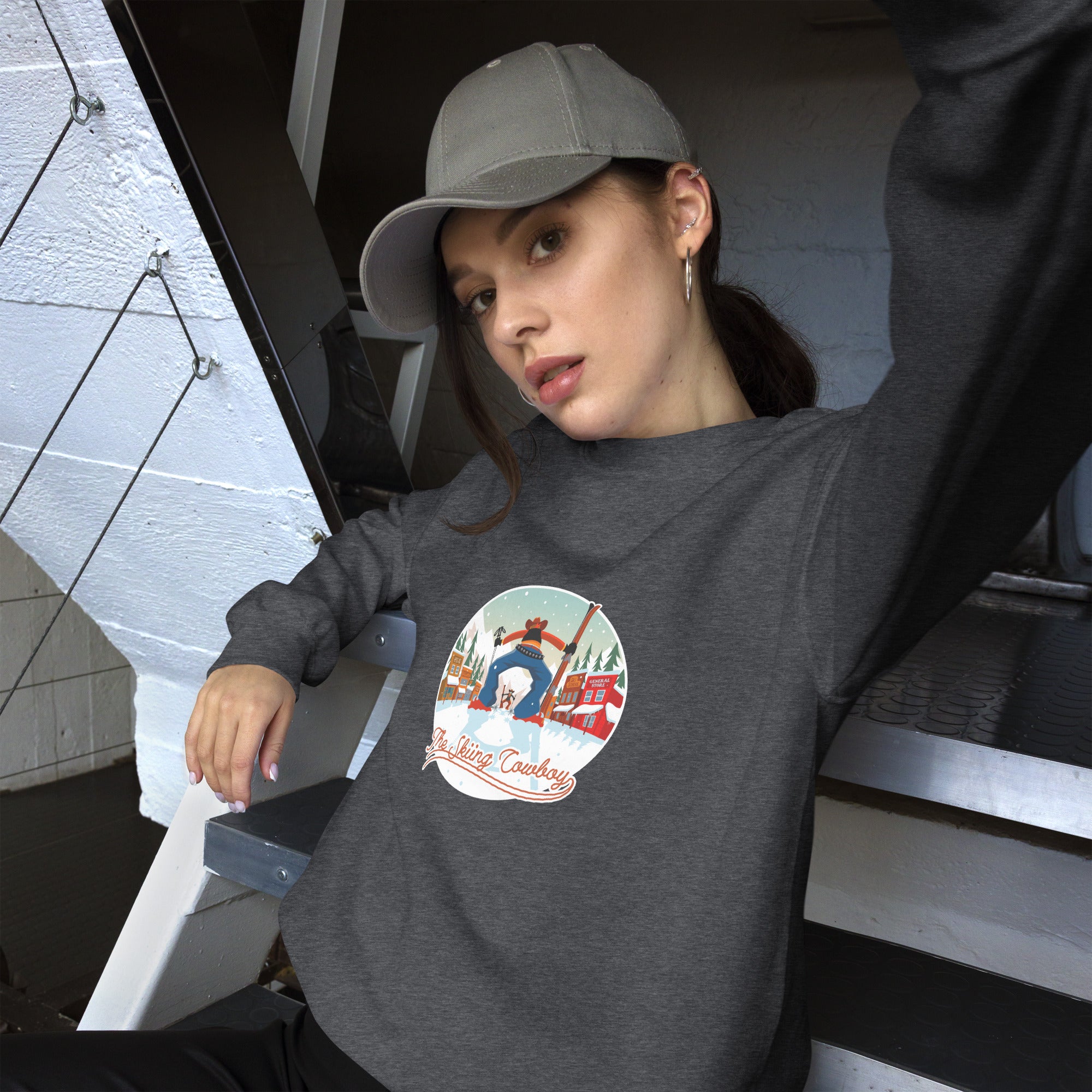 Sweat Unisexe à Col Rond Ski Fight at OK Corral sur couleurs foncées (face & dos)