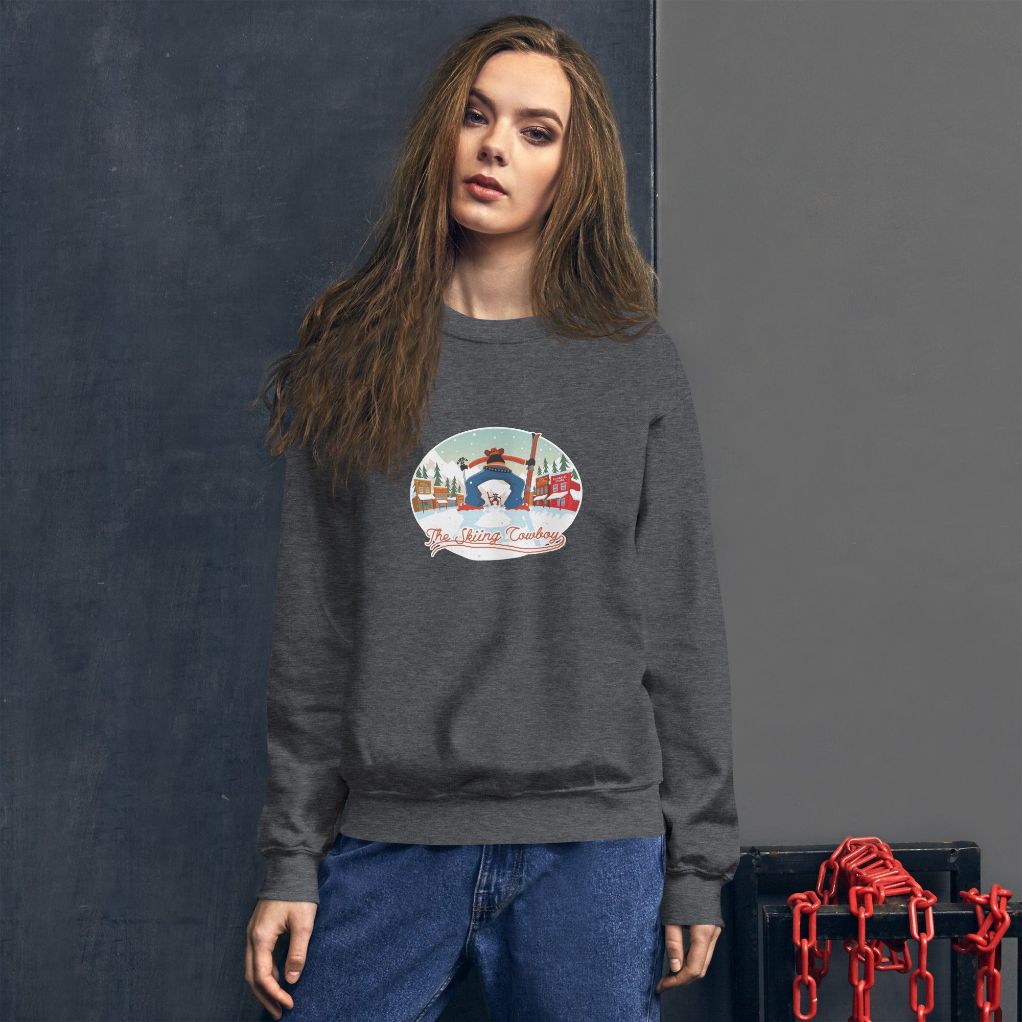 Sweat Unisexe à Col Rond Ski Fight at OK Corral sur couleurs foncées (face & dos)