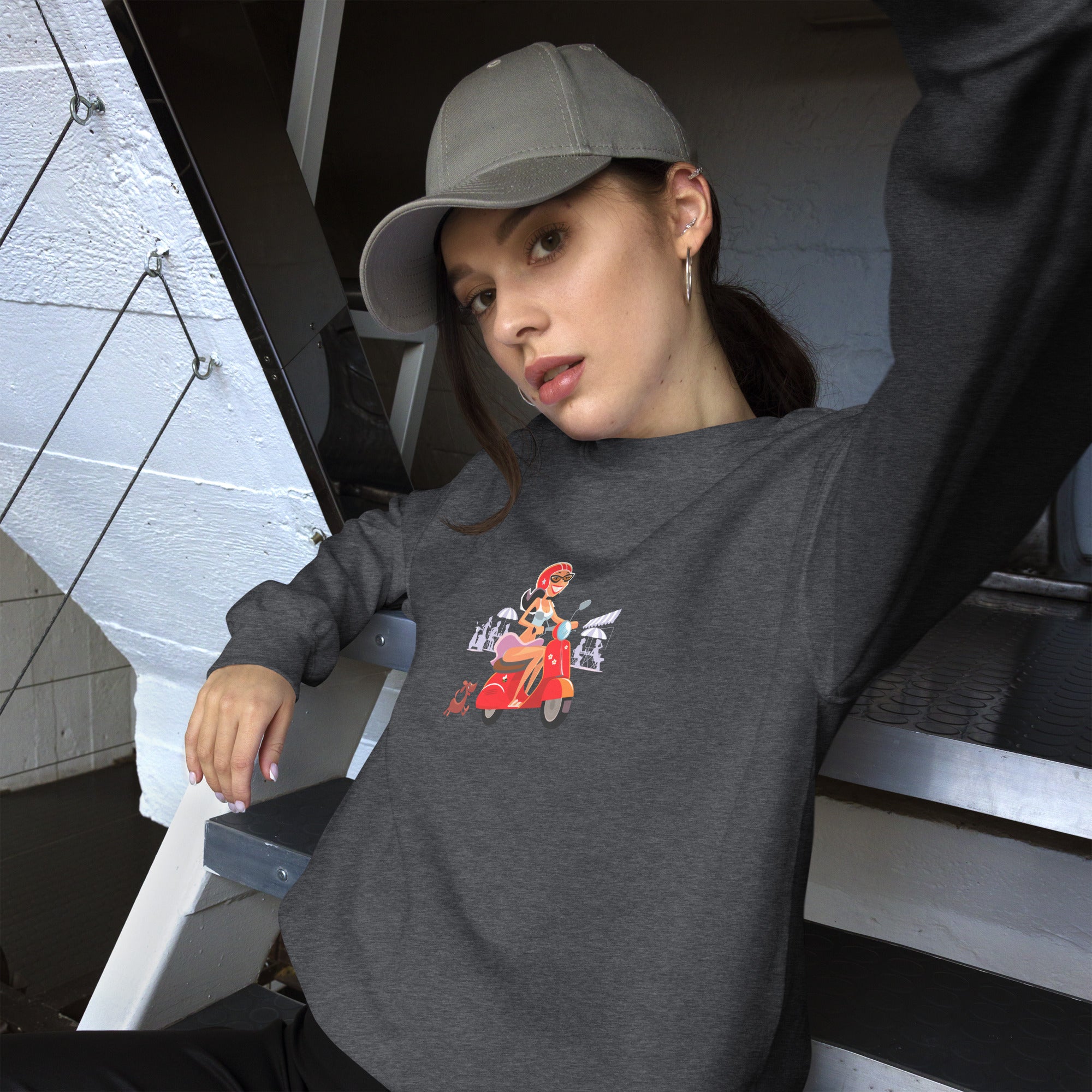 Unisex Sweatshirt Vespa Girl in St Tropez on dark colors
