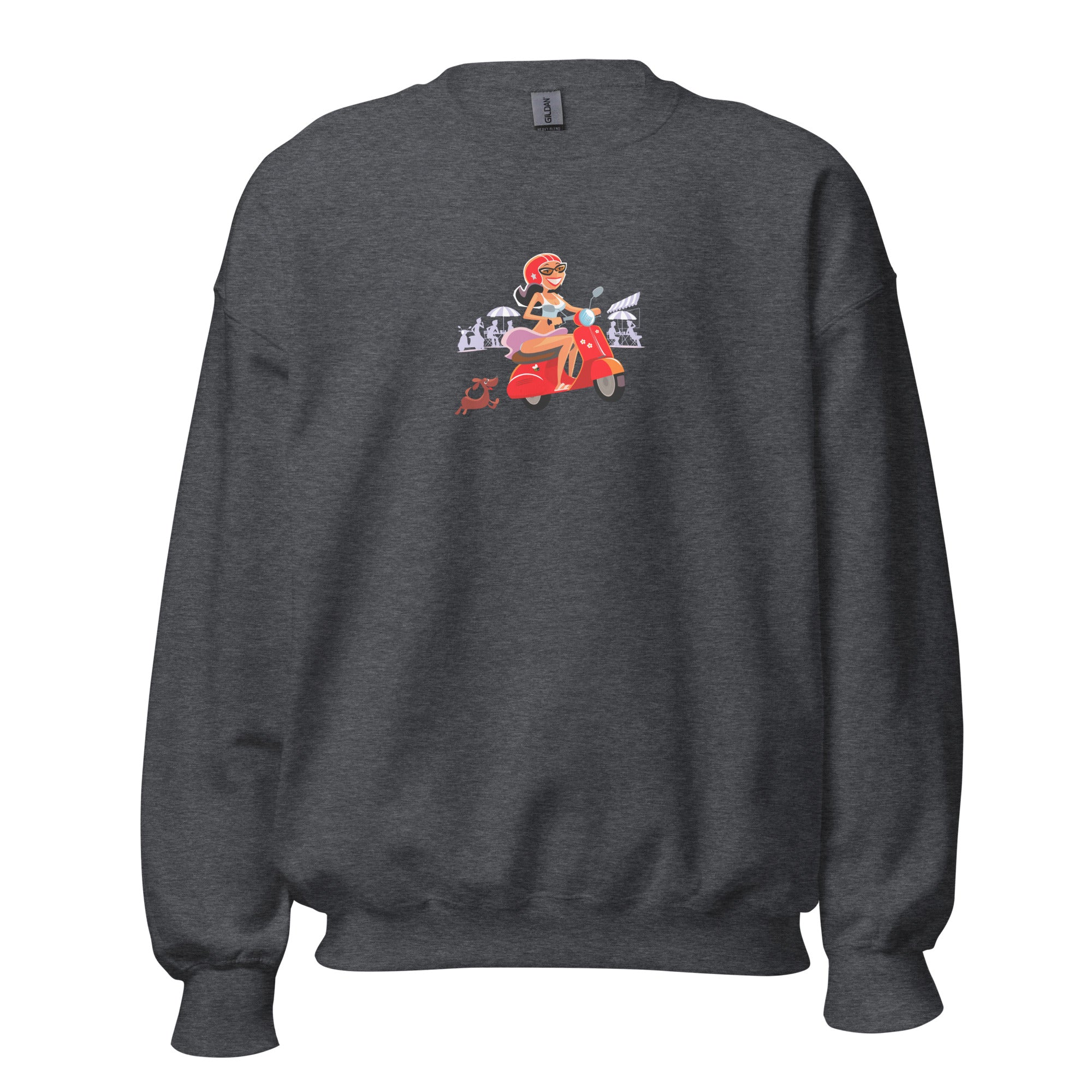 Unisex Sweatshirt Vespa Girl in St Tropez on dark colors