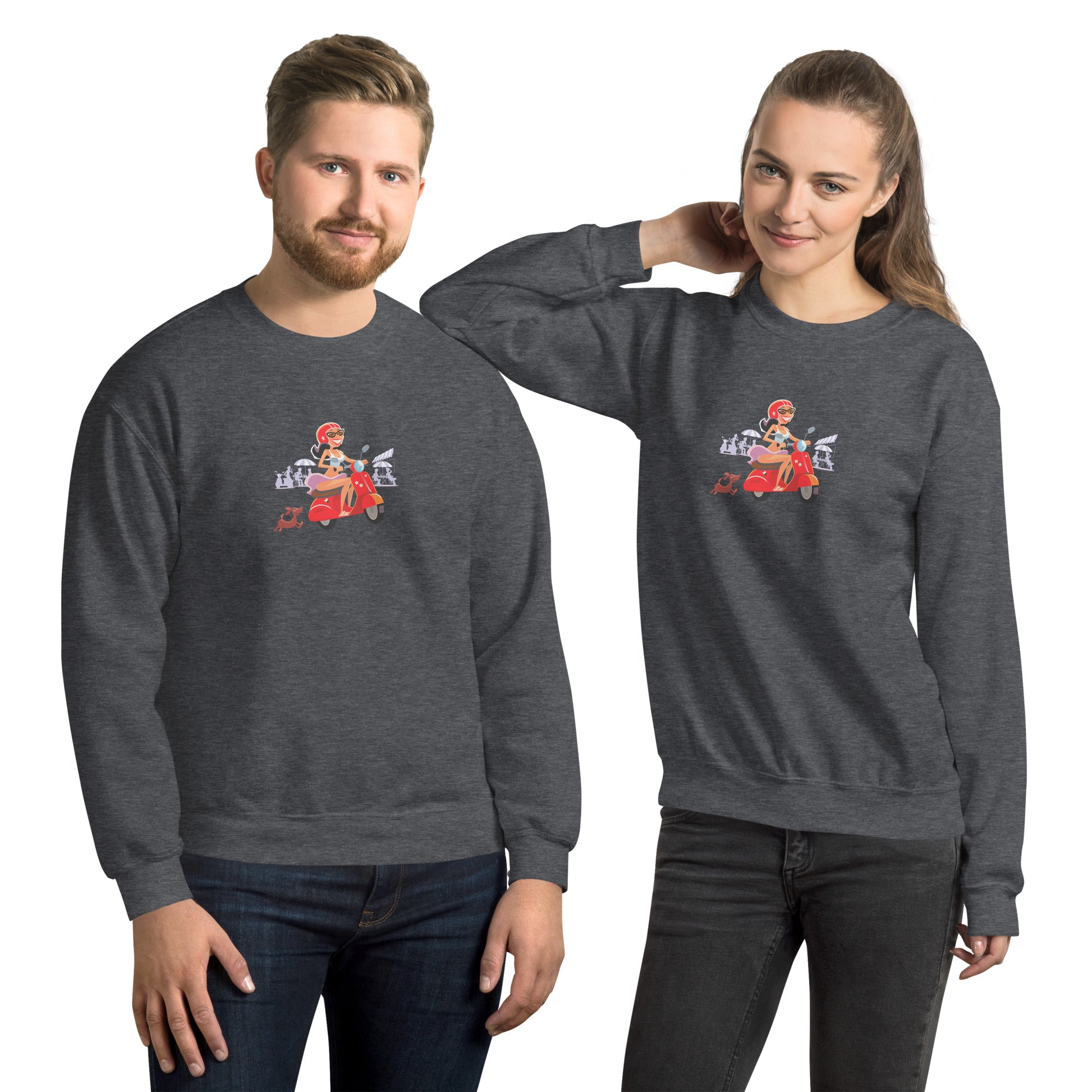 Unisex Sweatshirt Vespa Girl in St Tropez on dark colors