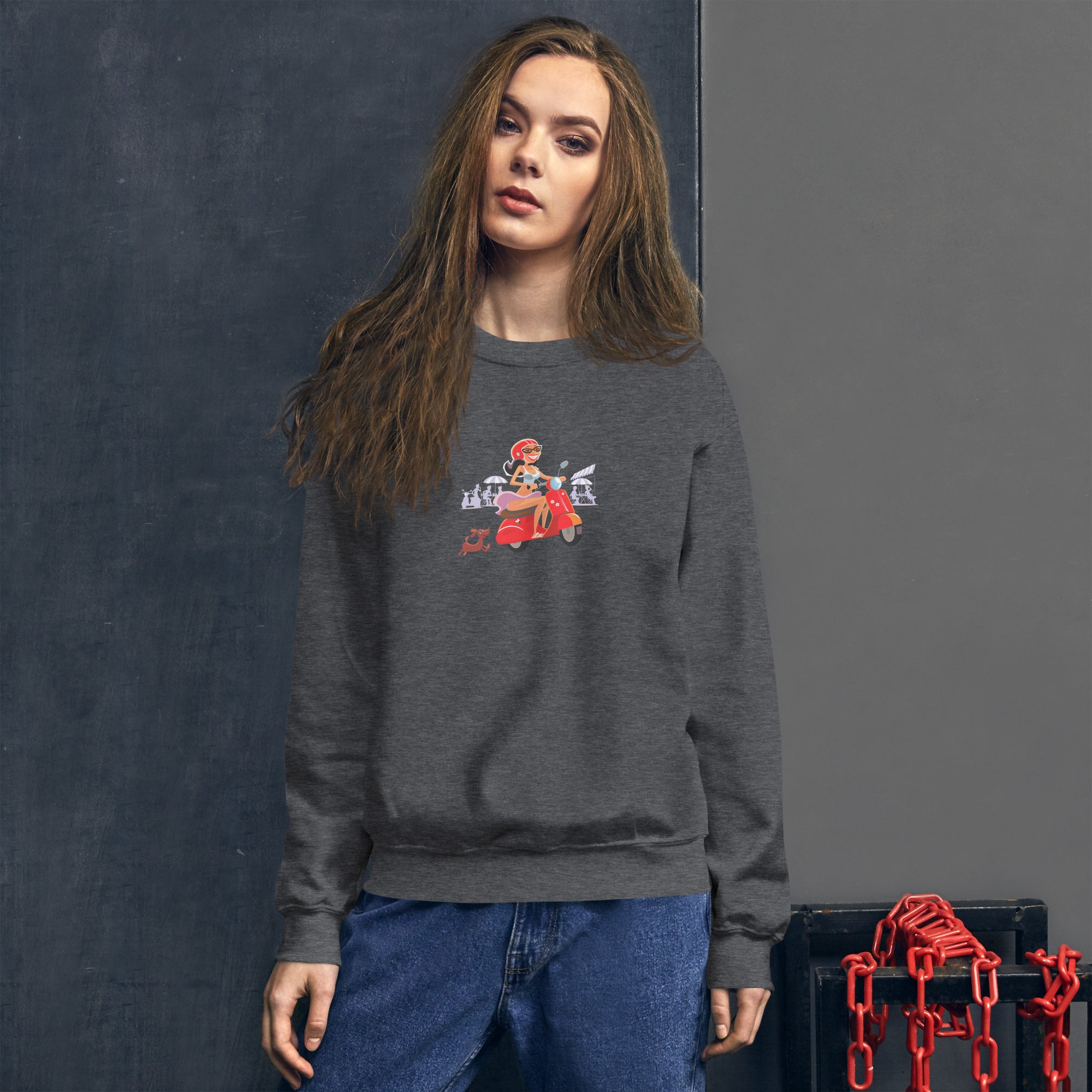 Unisex Sweatshirt Vespa Girl in St Tropez on dark colors