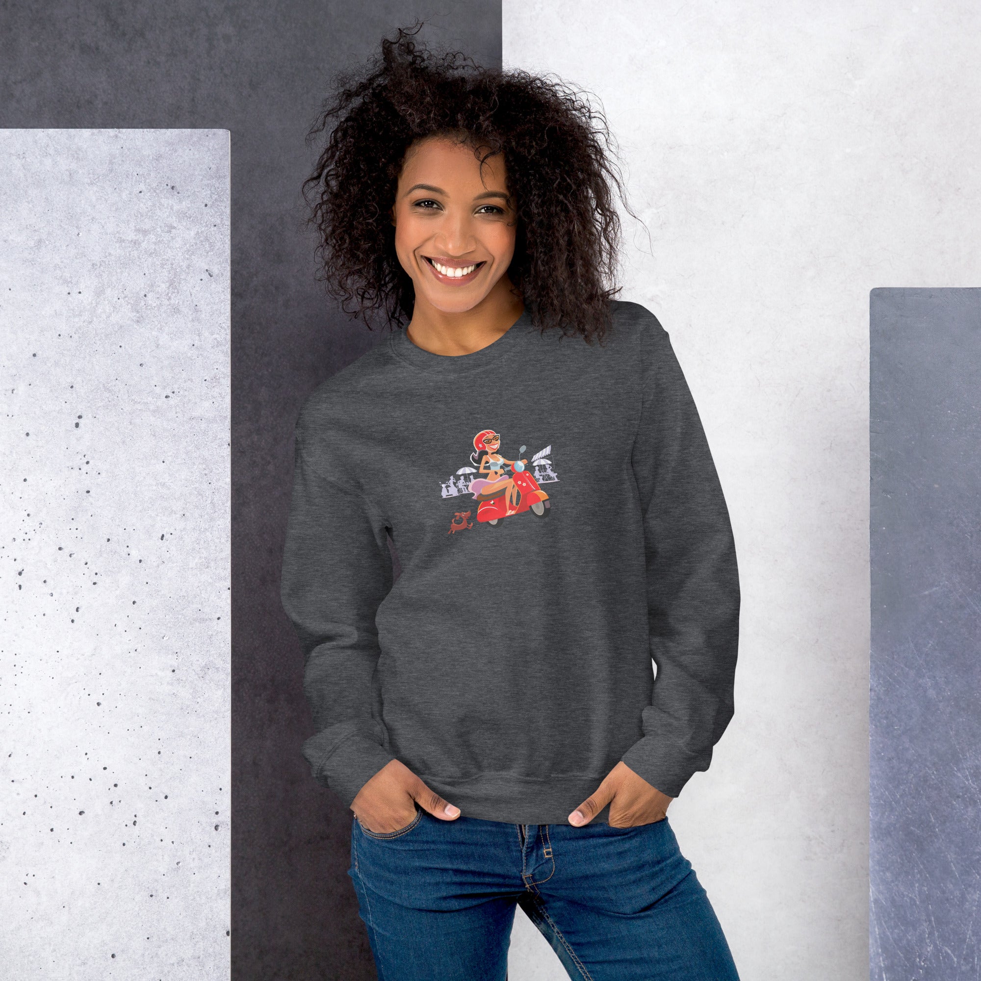 Unisex Sweatshirt Vespa Girl in St Tropez on dark colors