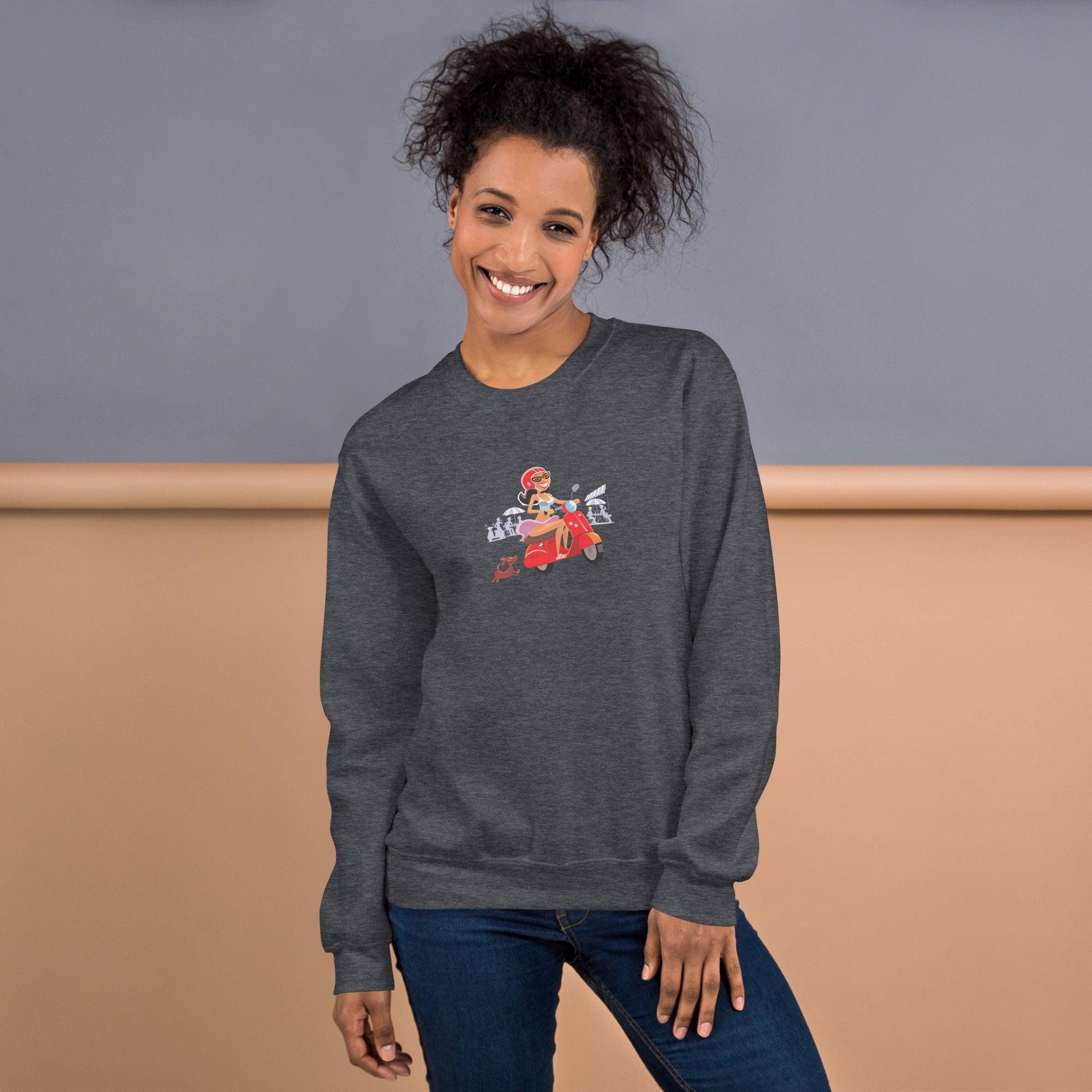 Unisex Sweatshirt Vespa Girl in St Tropez on dark colors