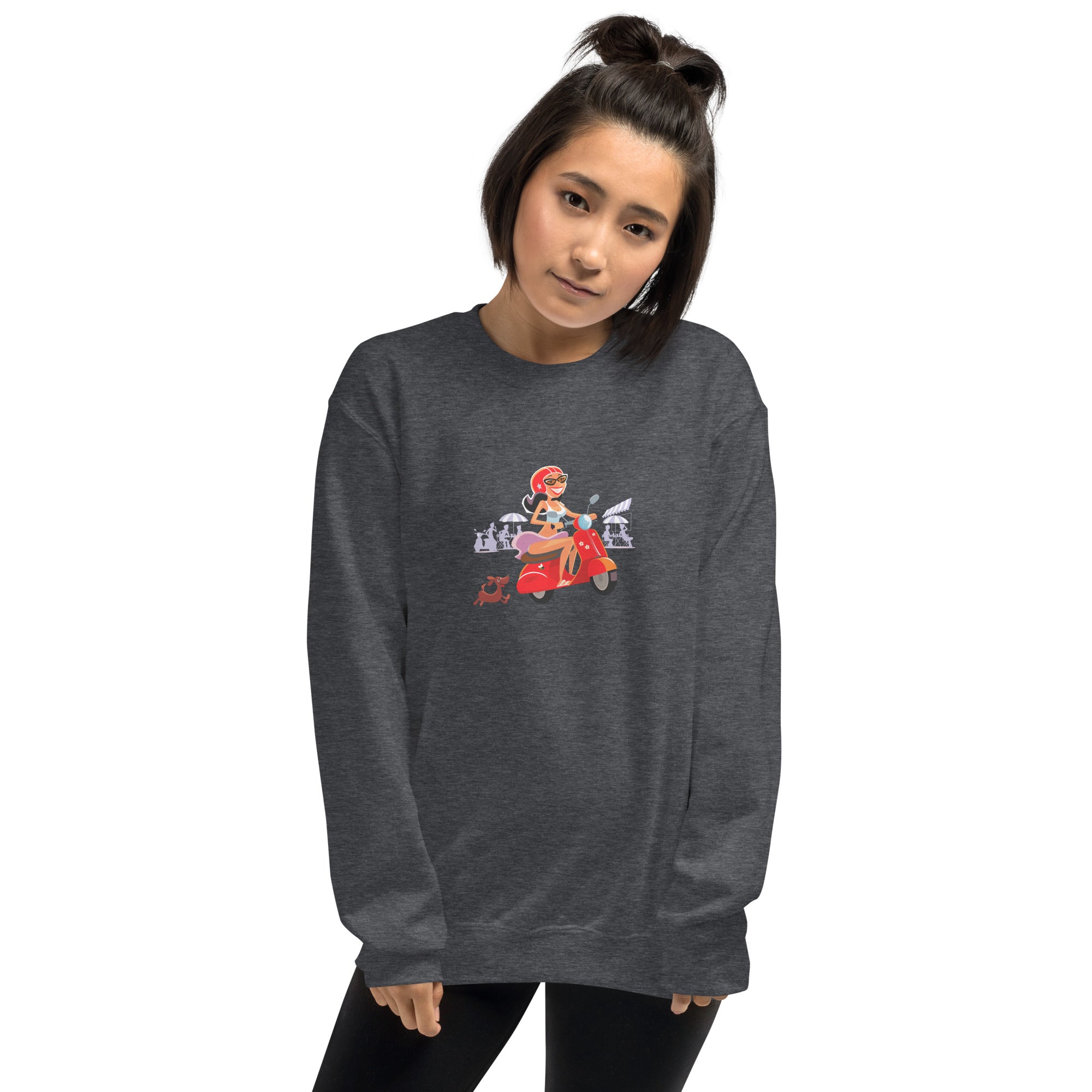 Unisex Sweatshirt Vespa Girl in St Tropez on dark colors