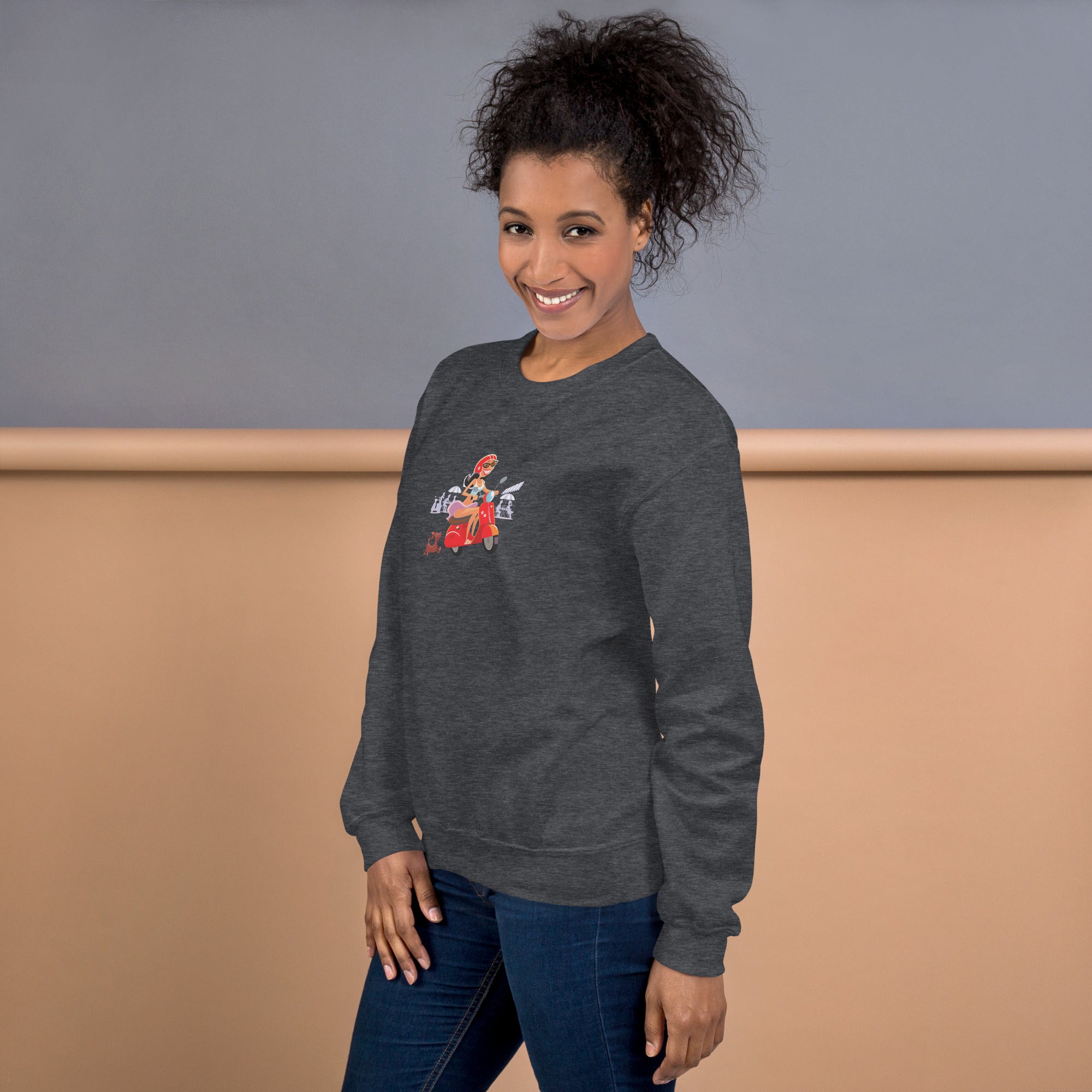 Unisex Sweatshirt Vespa Girl in St Tropez on dark colors