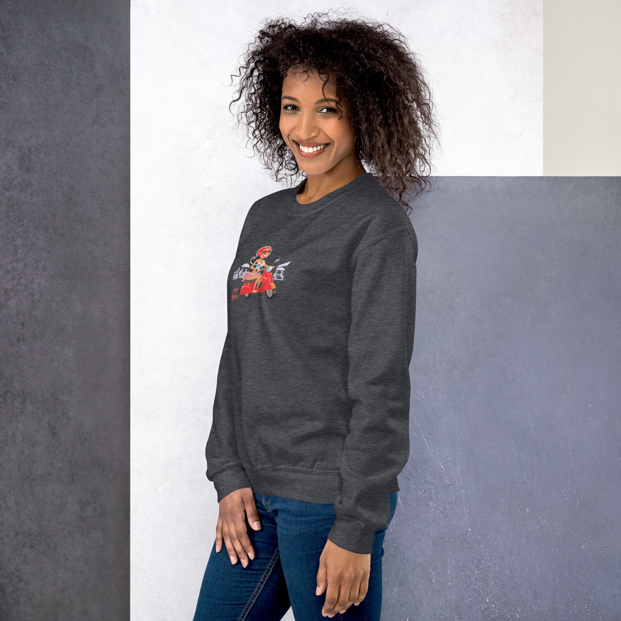 Unisex Sweatshirt Vespa Girl in St Tropez on dark colors