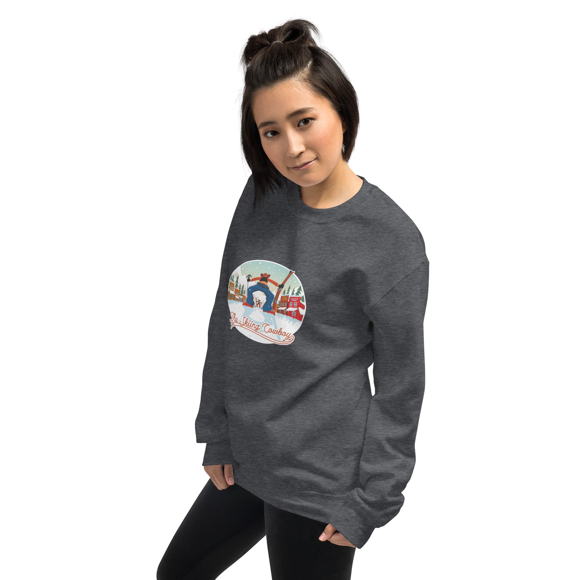 Sweat Unisexe à Col Rond Ski Fight at OK Corral sur couleurs foncées (face & dos)