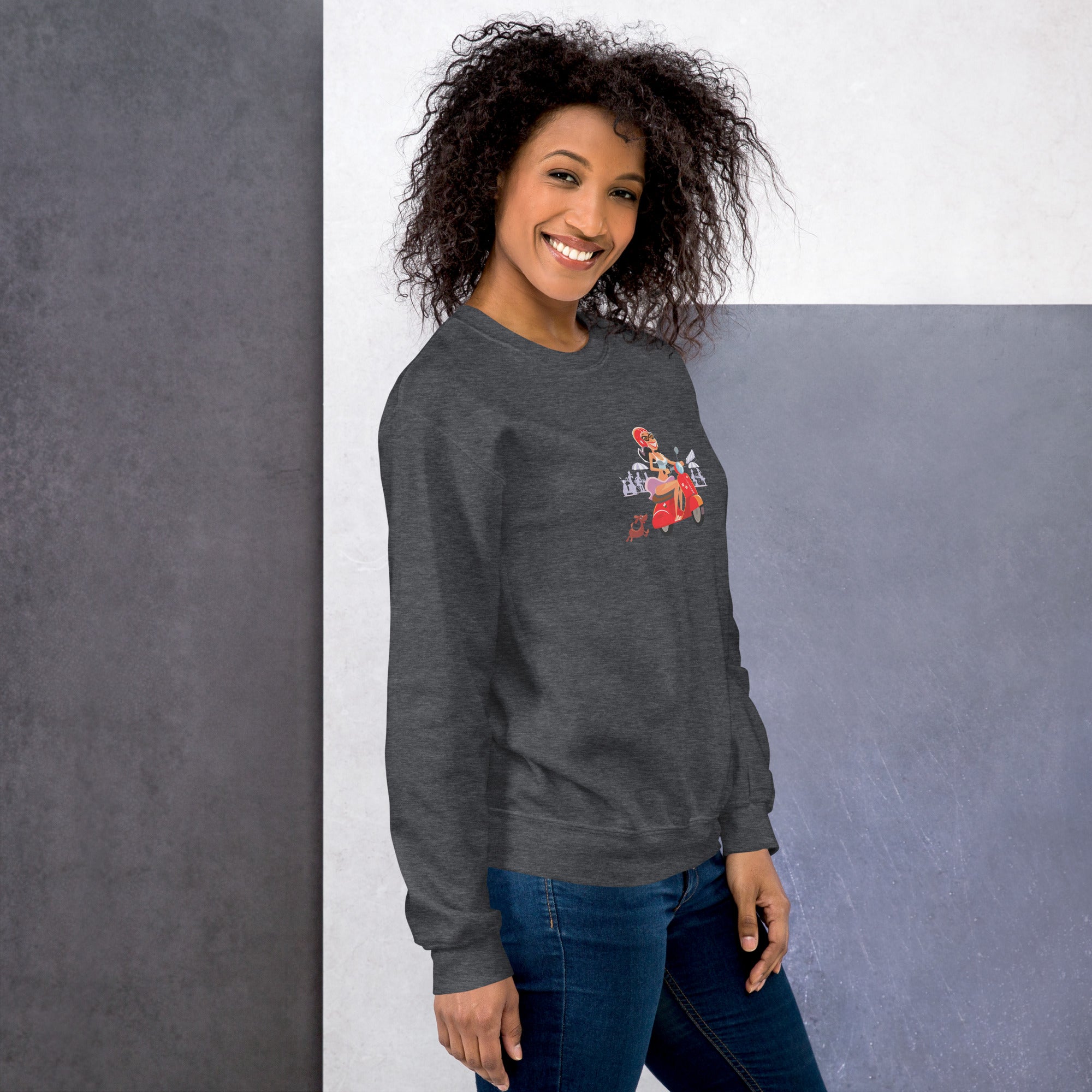 Unisex Sweatshirt Vespa Girl in St Tropez on dark colors