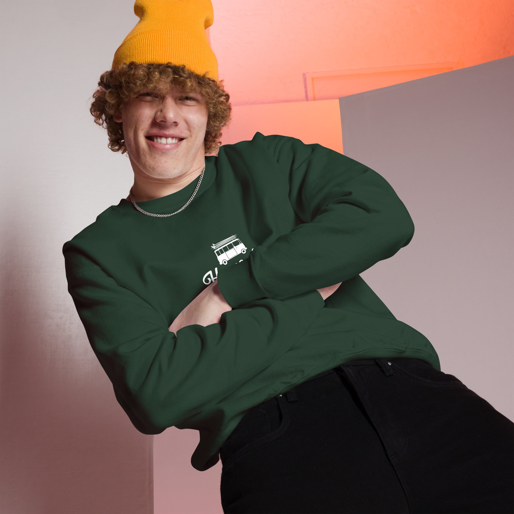 Sweat Unisexe à Col Rond White Surf Combi Home is where you park it sur couleurs foncées