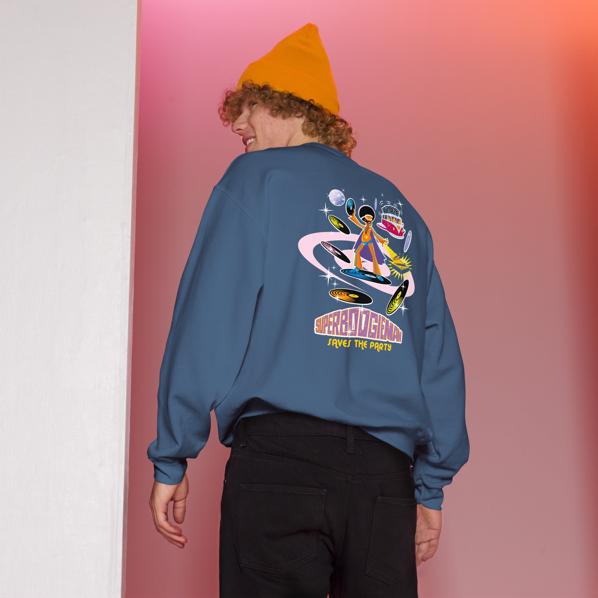 Sweat Unisexe à Col Rond Superboogieman sur couleurs foncées (face & dos)