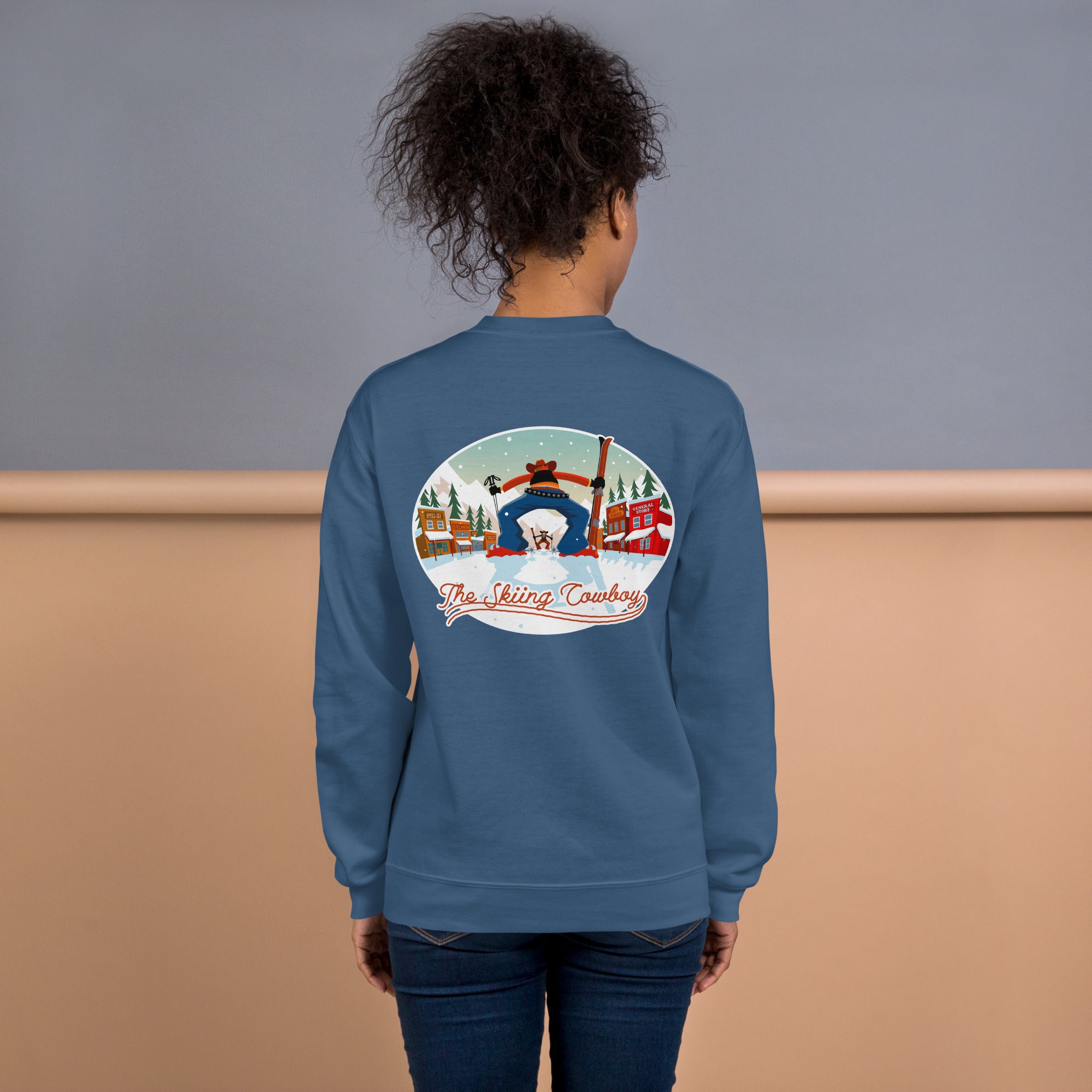 Sweat Unisexe à Col Rond Ski Fight at OK Corral sur couleurs foncées (face & dos)