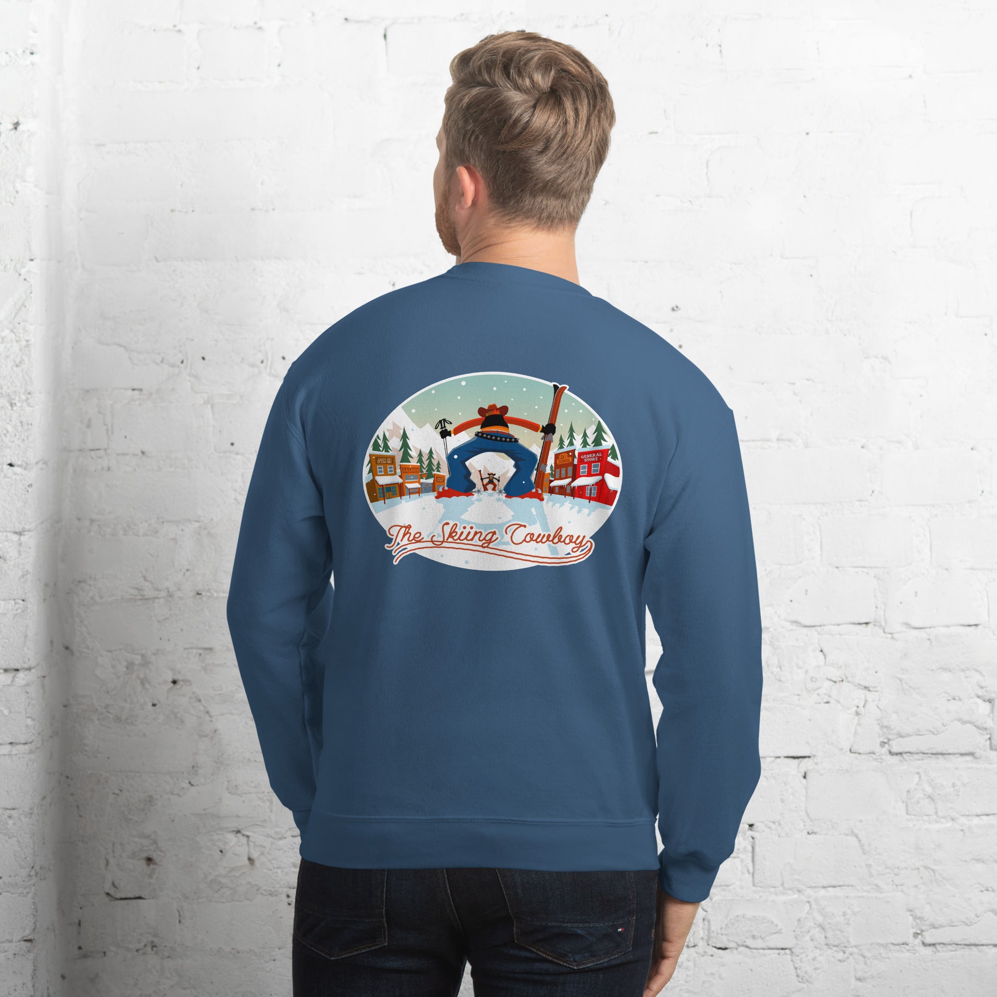 Sweat Unisexe à Col Rond Ski Fight at OK Corral sur couleurs foncées (face & dos)