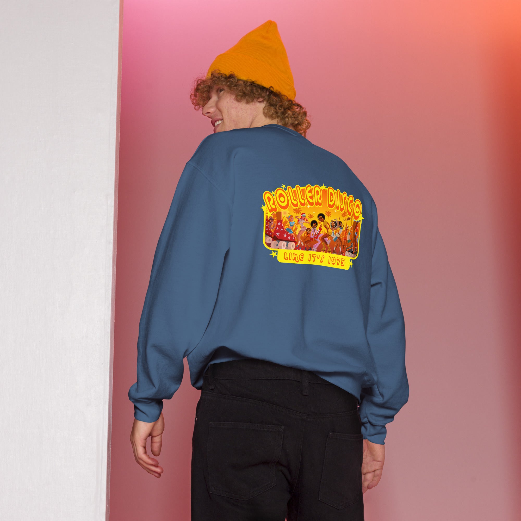 Sweat Unisexe à Col Rond Roller Disco 1975 sur couleurs foncées (face & dos)
