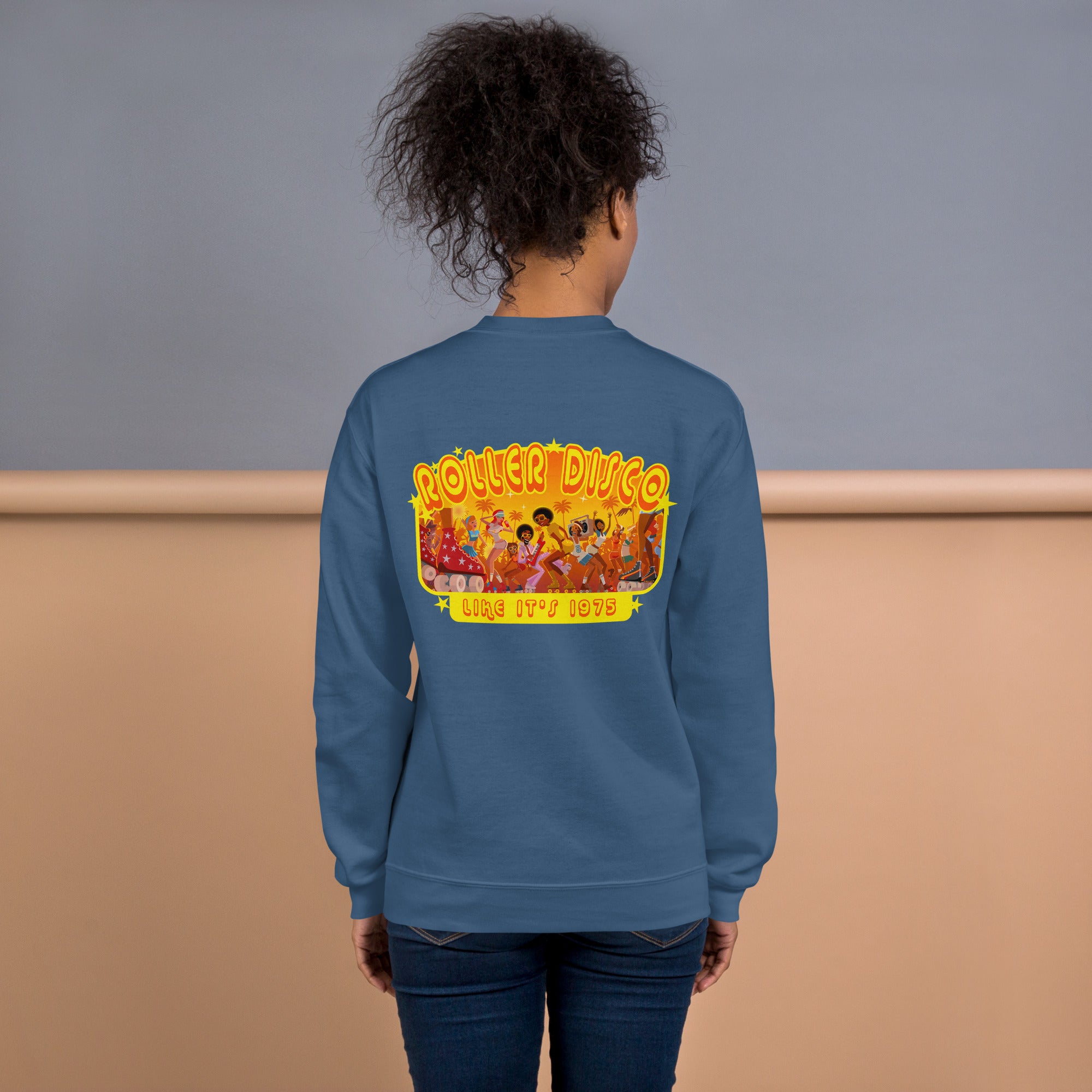 Sweat Unisexe à Col Rond Roller Disco 1975 sur couleurs foncées (face & dos)