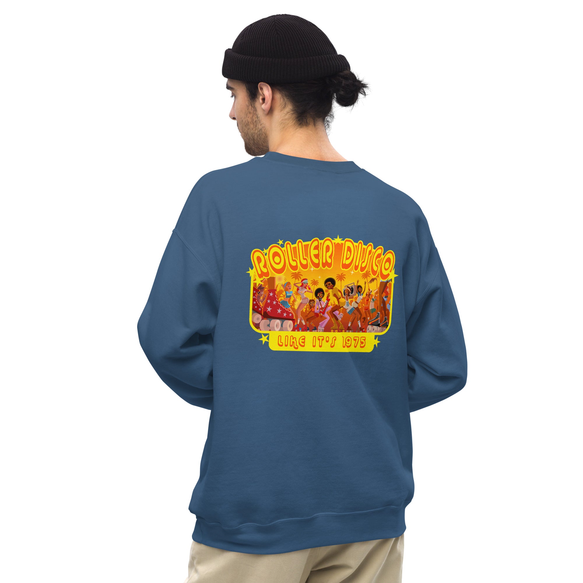 Sweat Unisexe à Col Rond Roller Disco 1975 sur couleurs foncées (face & dos)