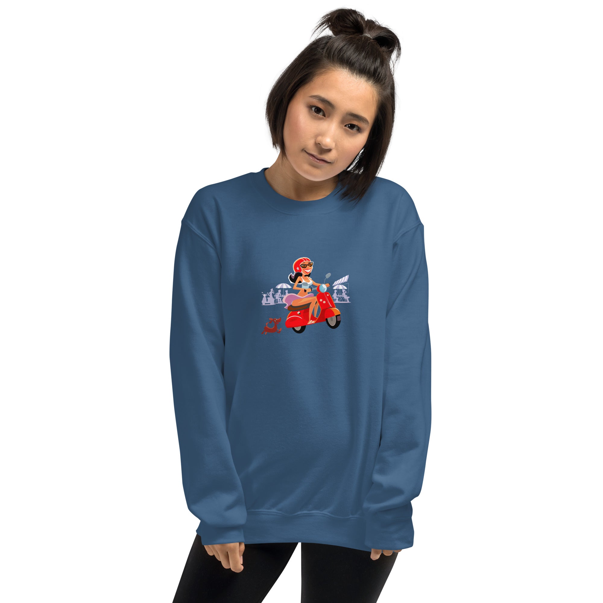 Unisex Sweatshirt Vespa Girl in St Tropez on dark colors