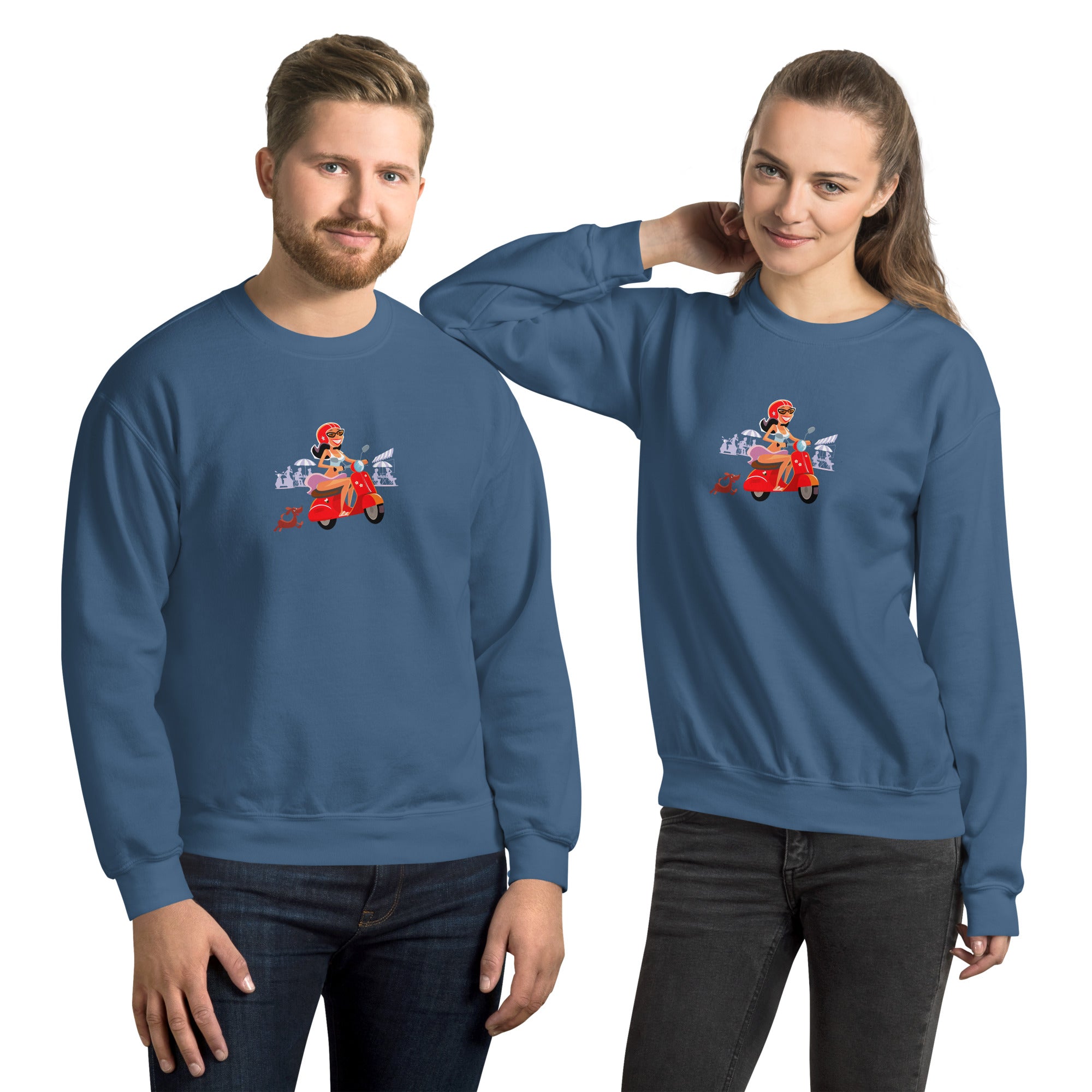 Unisex Sweatshirt Vespa Girl in St Tropez on dark colors