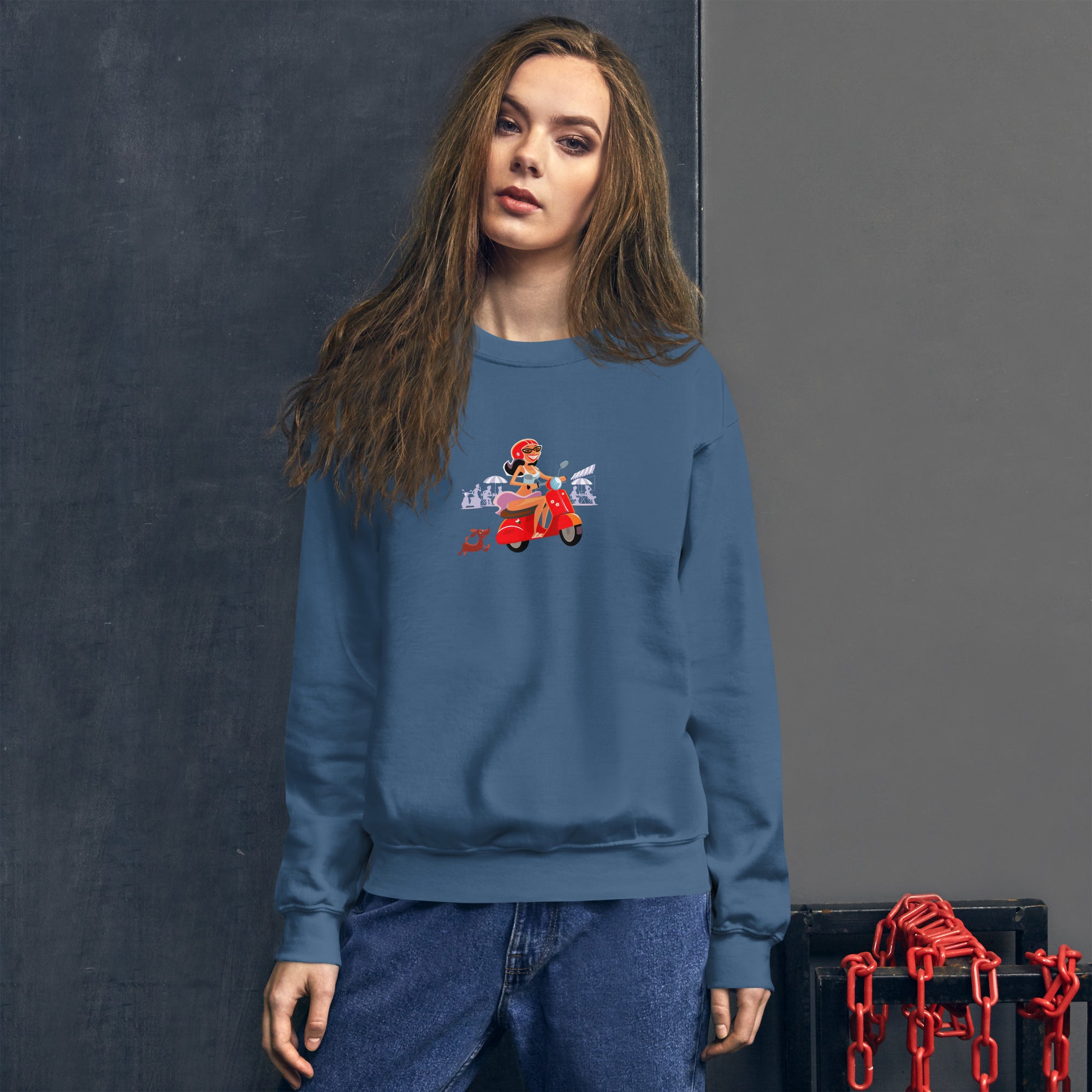 Unisex Sweatshirt Vespa Girl in St Tropez on dark colors