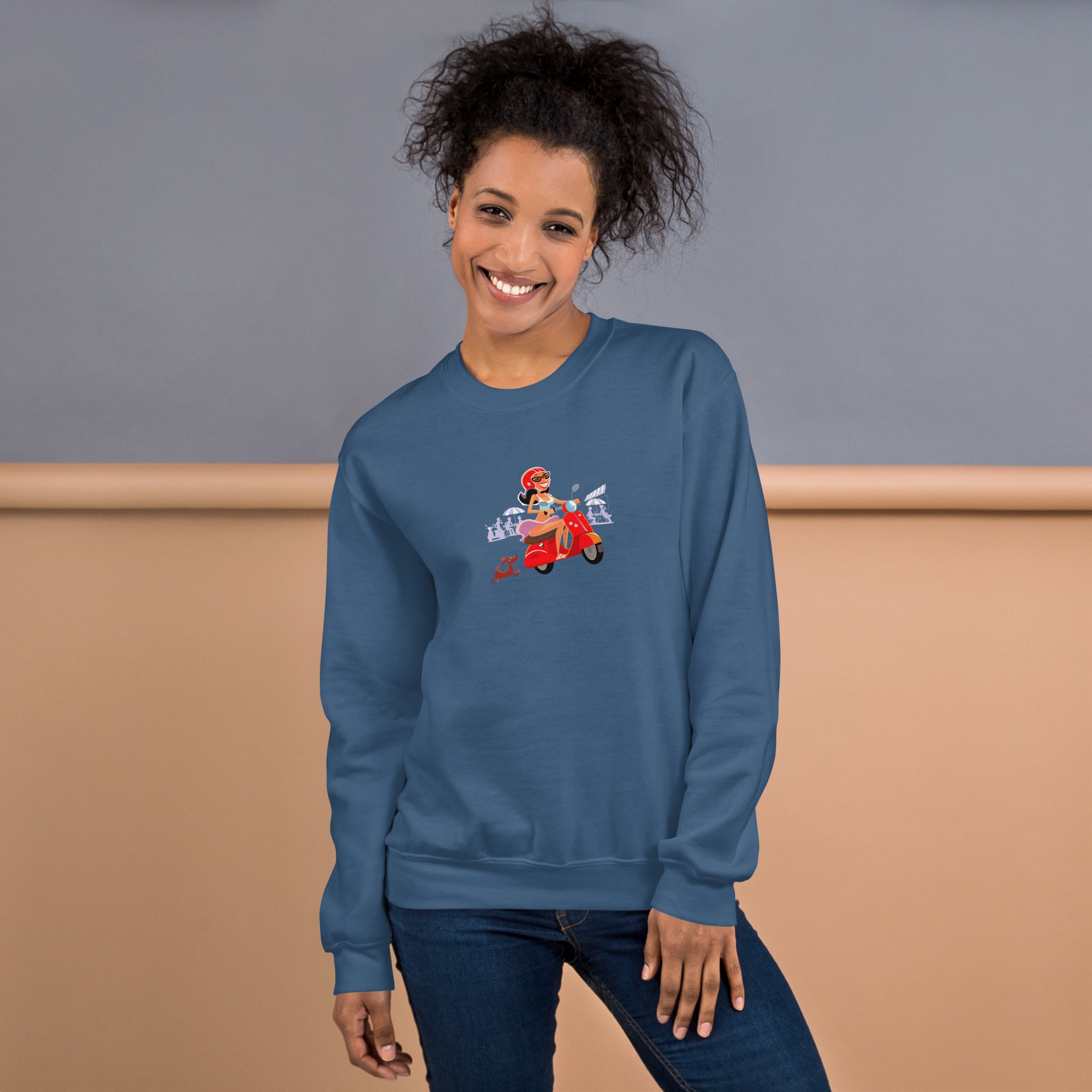 Unisex Sweatshirt Vespa Girl in St Tropez on dark colors