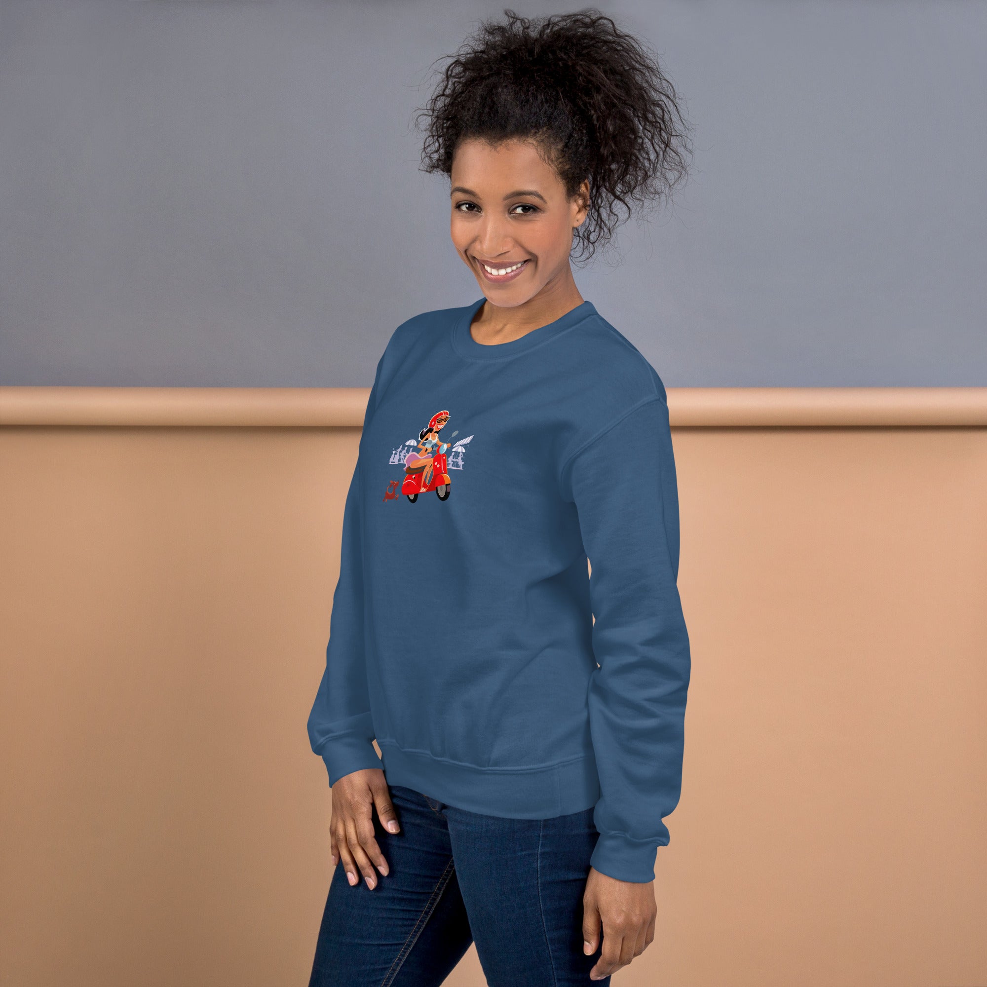 Unisex Sweatshirt Vespa Girl in St Tropez on dark colors