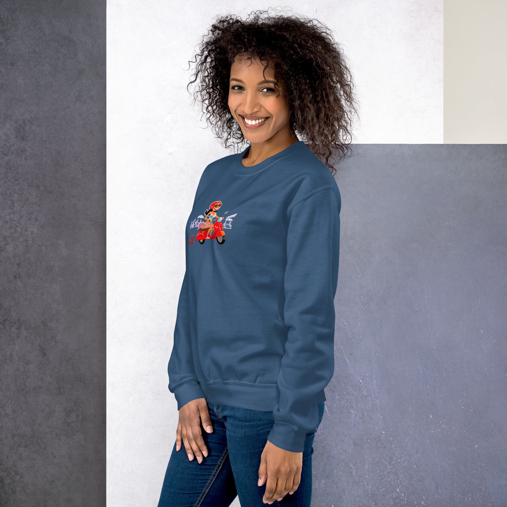 Unisex Sweatshirt Vespa Girl in St Tropez on dark colors