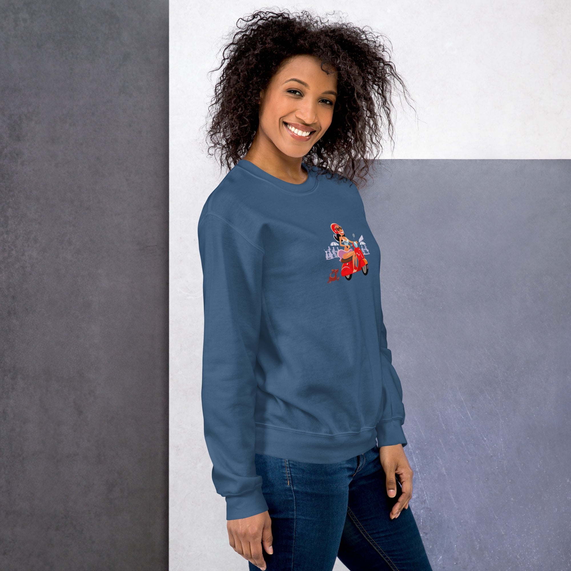 Unisex Sweatshirt Vespa Girl in St Tropez on dark colors