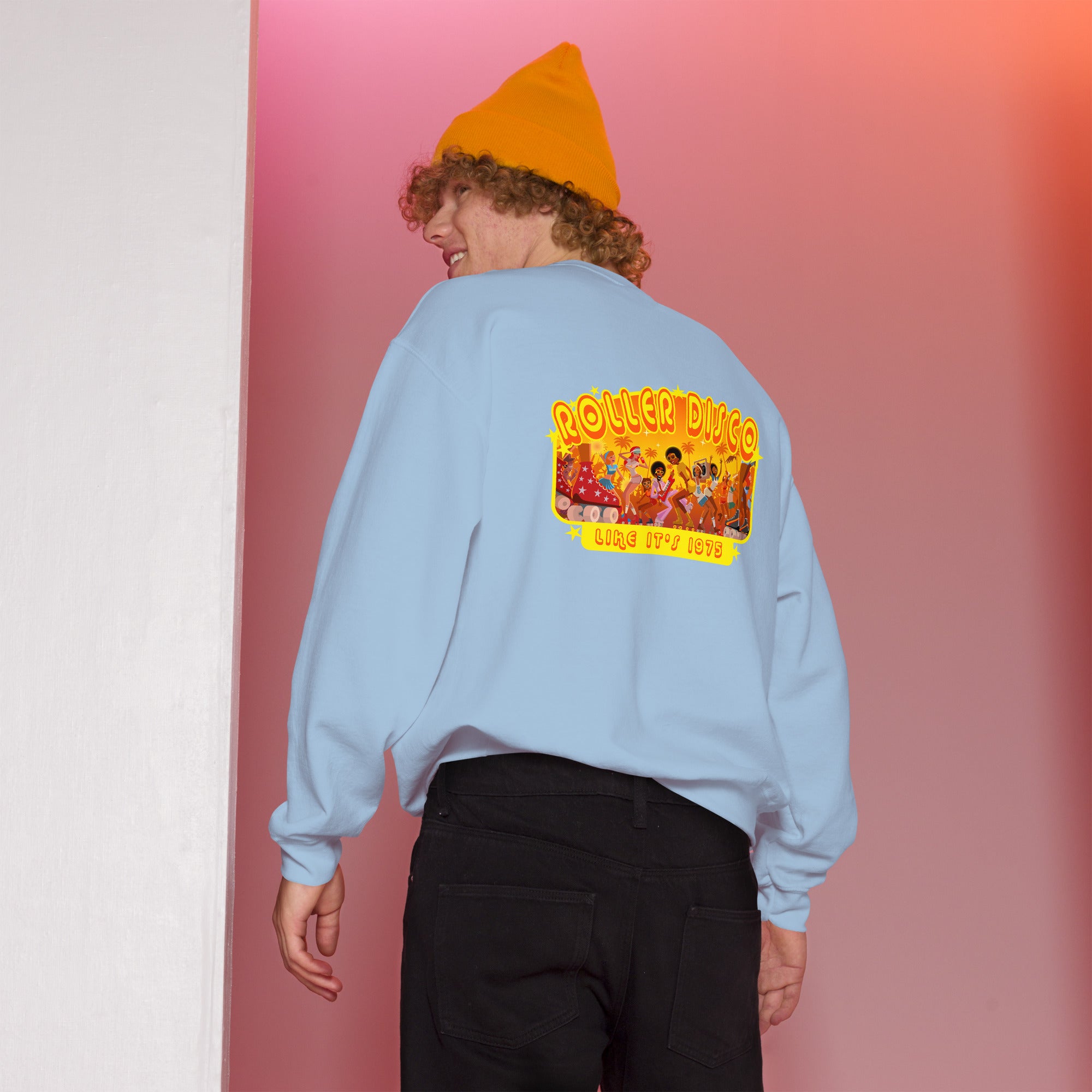 Sweat Unisexe à Col Rond Roller Disco 1975 sur couleurs claires (face & dos)