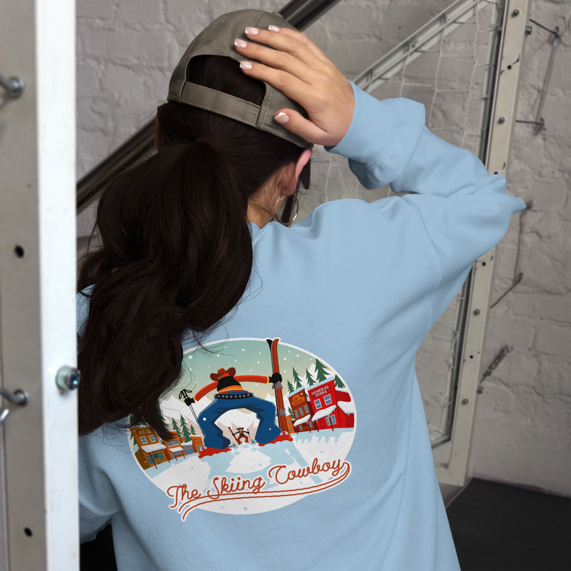 Sweat Unisexe à Col Rond Ski Fight at OK Corral sur couleurs claires (face & dos)