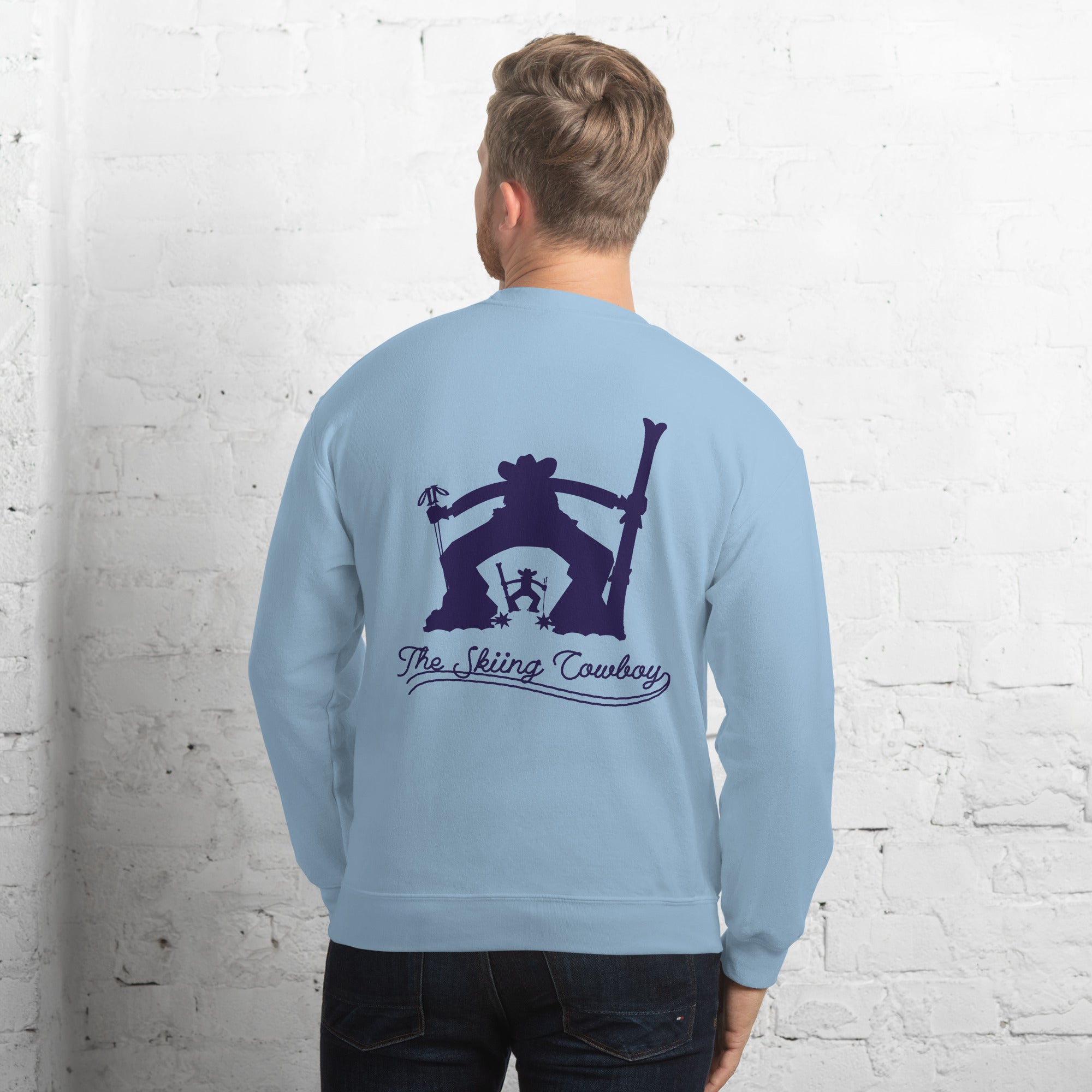 Sweat Unisexe à Col Rond Skiing Cowboy & Ski Fight at OK Corral Silhouette sur couleurs claires (face & dos)