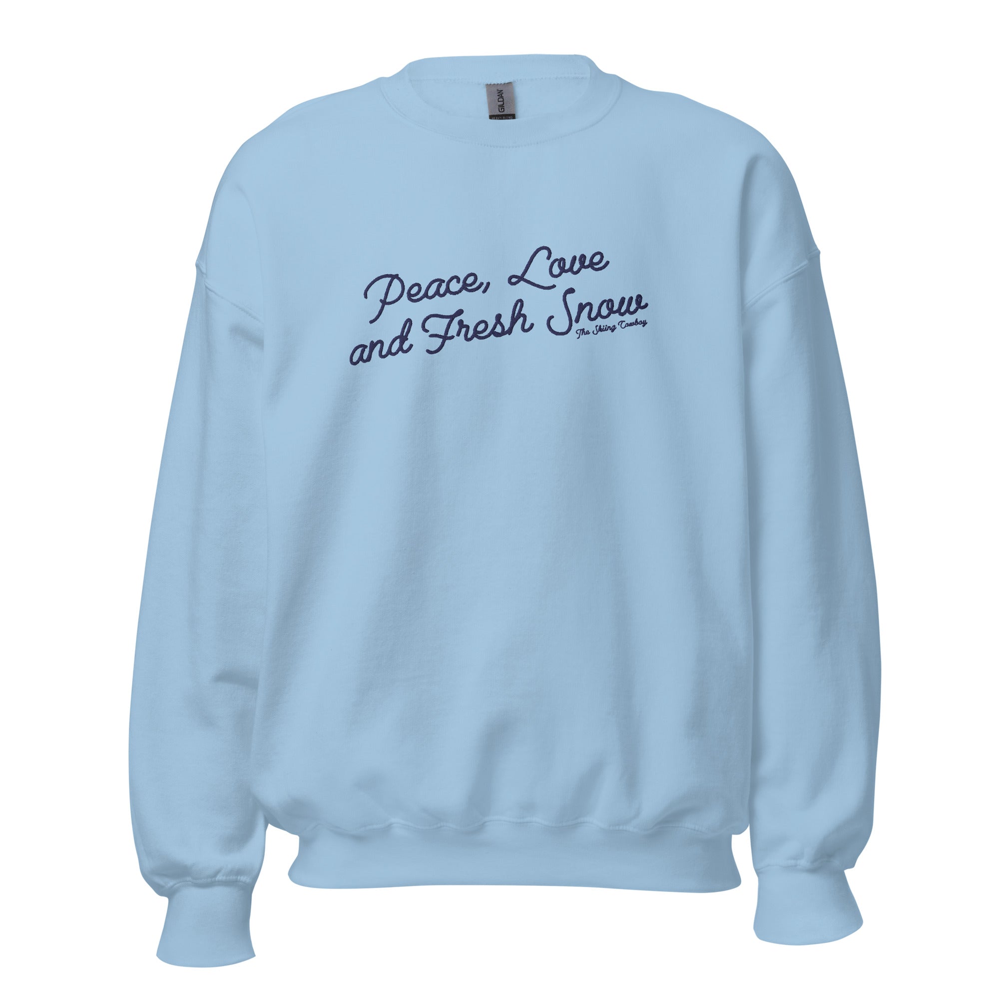 Sweat Unisexe à Col Rond Peace, Love and Fresh Snow grand motif bleu marine brodée