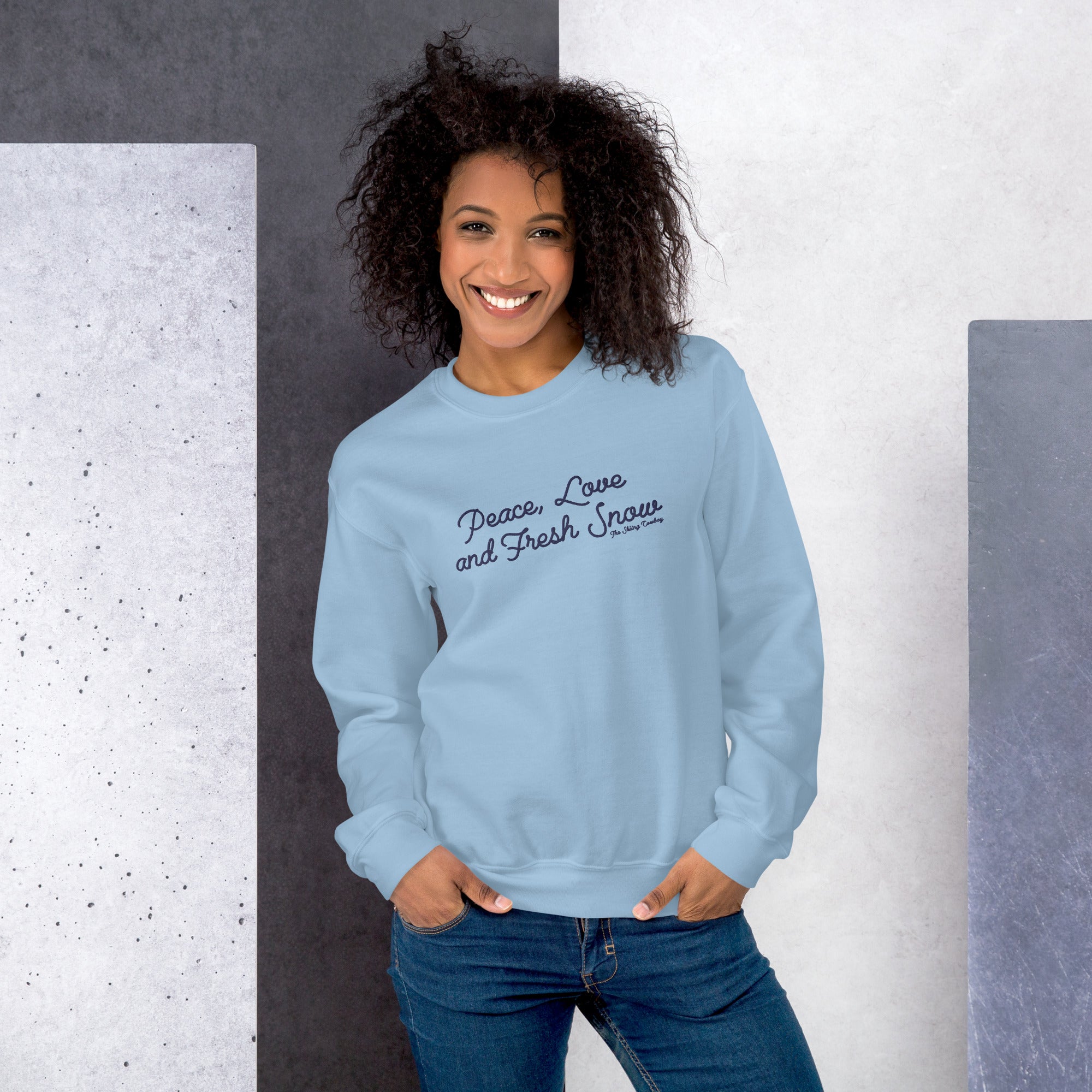 Sweat Unisexe à Col Rond Peace, Love and Fresh Snow grand motif bleu marine brodée